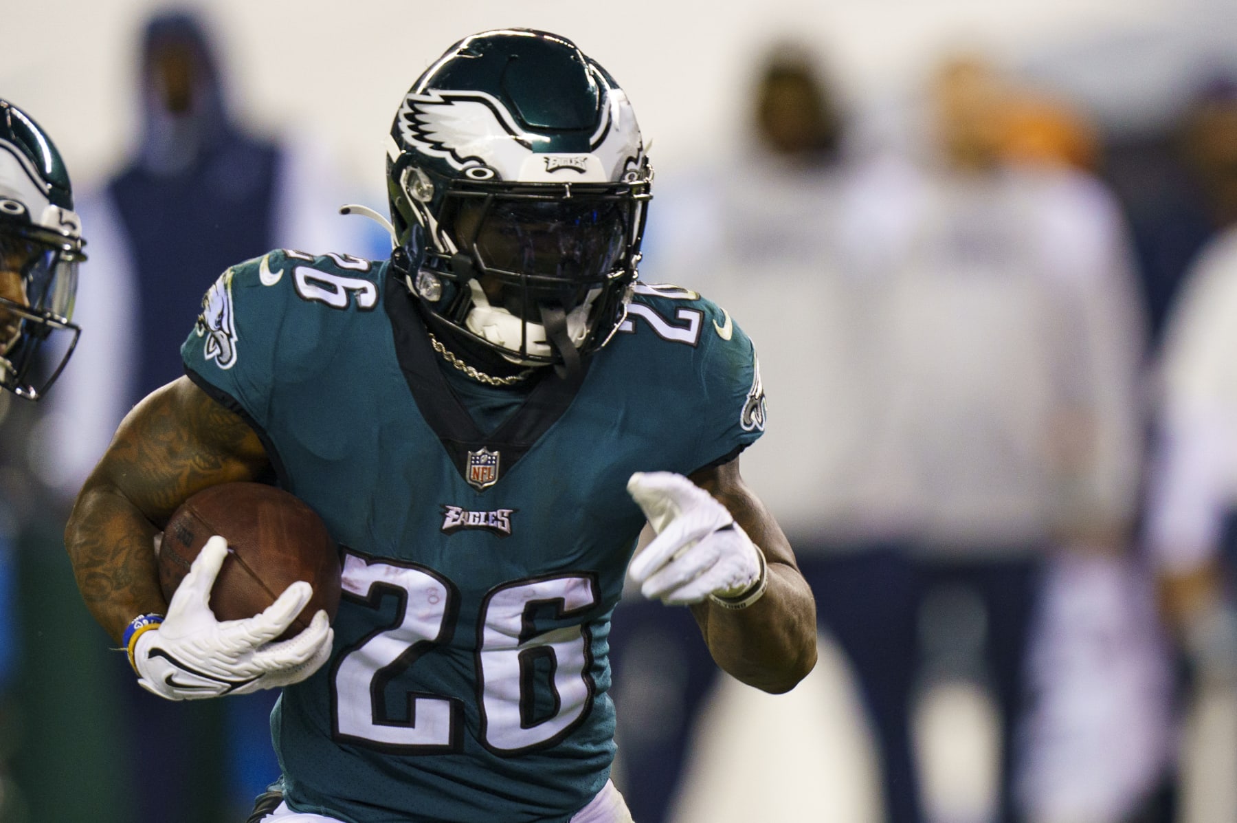 Philadelphia Eagles running back Miles Sanders (26) in action during the NFL football game against the Dallas Cowboys, Sunday, Oct. 16, 2022, in Philadelphia. (AP Photo/Christopher Szagola)