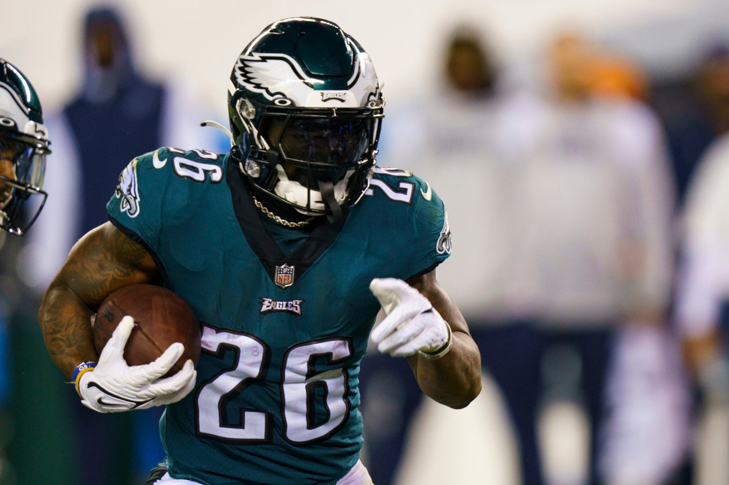 Philadelphia Eagles running back Miles Sanders (26) in action during the NFL football game against the Dallas Cowboys, Sunday, Oct. 16, 2022, in Philadelphia. (AP Photo/Christopher Szagola)