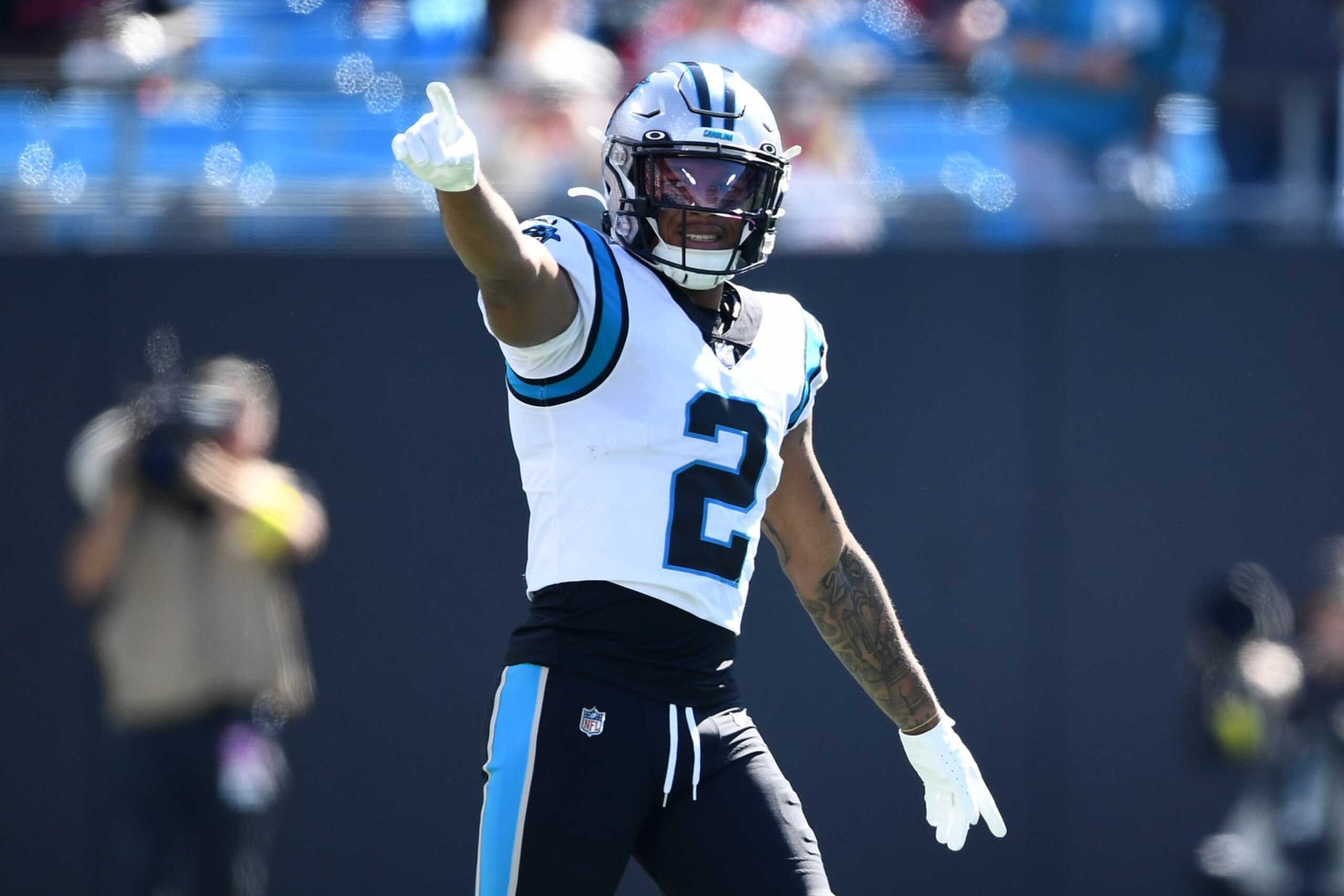 CHARLOTTE, NORTH CAROLINA - OCTOBER 23: DJ Moore #2 of the Carolina Panthers celebrates after a pass in the first quarter against the Tampa Bay Buccaneers at Bank of America Stadium on October 23, 2022 in Charlotte, North Carolina. (Photo by Eakin Howard/Getty Images)