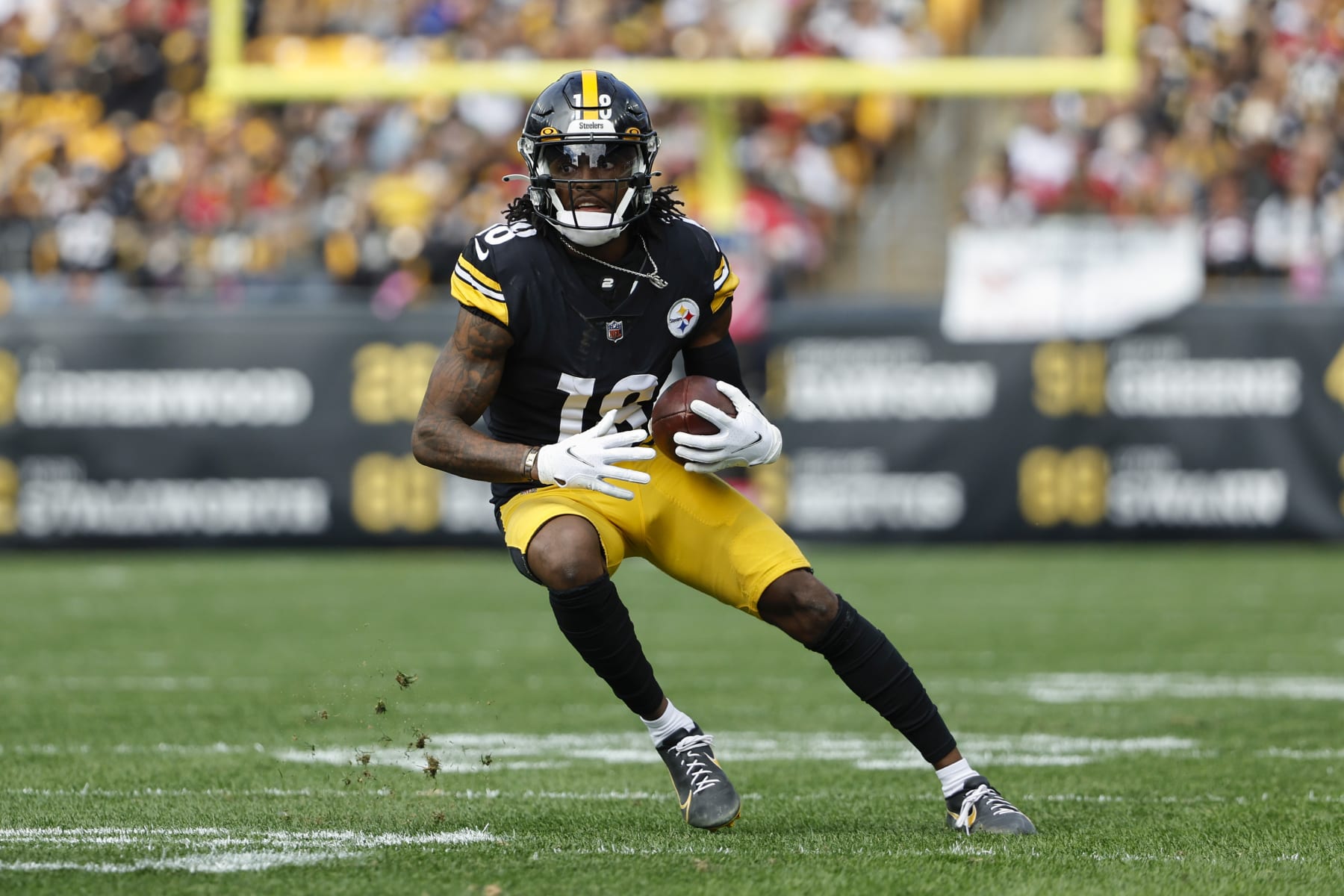 Pittsburgh Steelers wide receiver Diontae Johnson runs against the Tampa Bay Buccaneers during an NFL football game at Acrisure Stadium, Sunday, Oct. 16, 2022 in Pittsburgh. (Winslow Townson/AP Images for Panini)