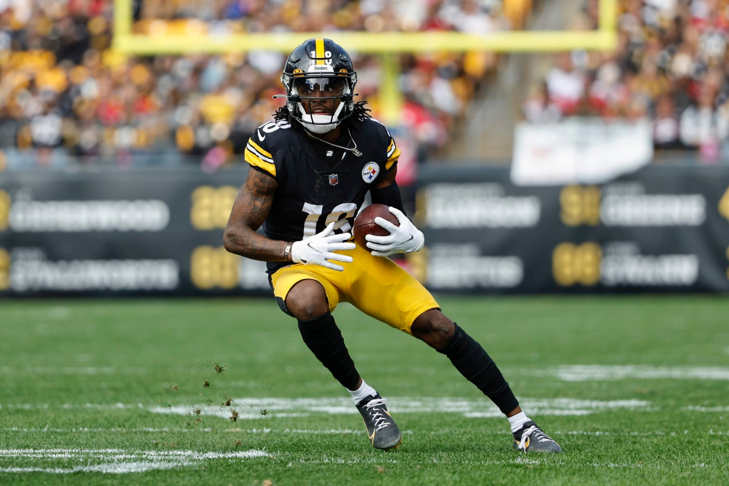 Pittsburgh Steelers wide receiver Diontae Johnson runs against the Tampa Bay Buccaneers during an NFL football game at Acrisure Stadium, Sunday, Oct. 16, 2022 in Pittsburgh. (Winslow Townson/AP Images for Panini)