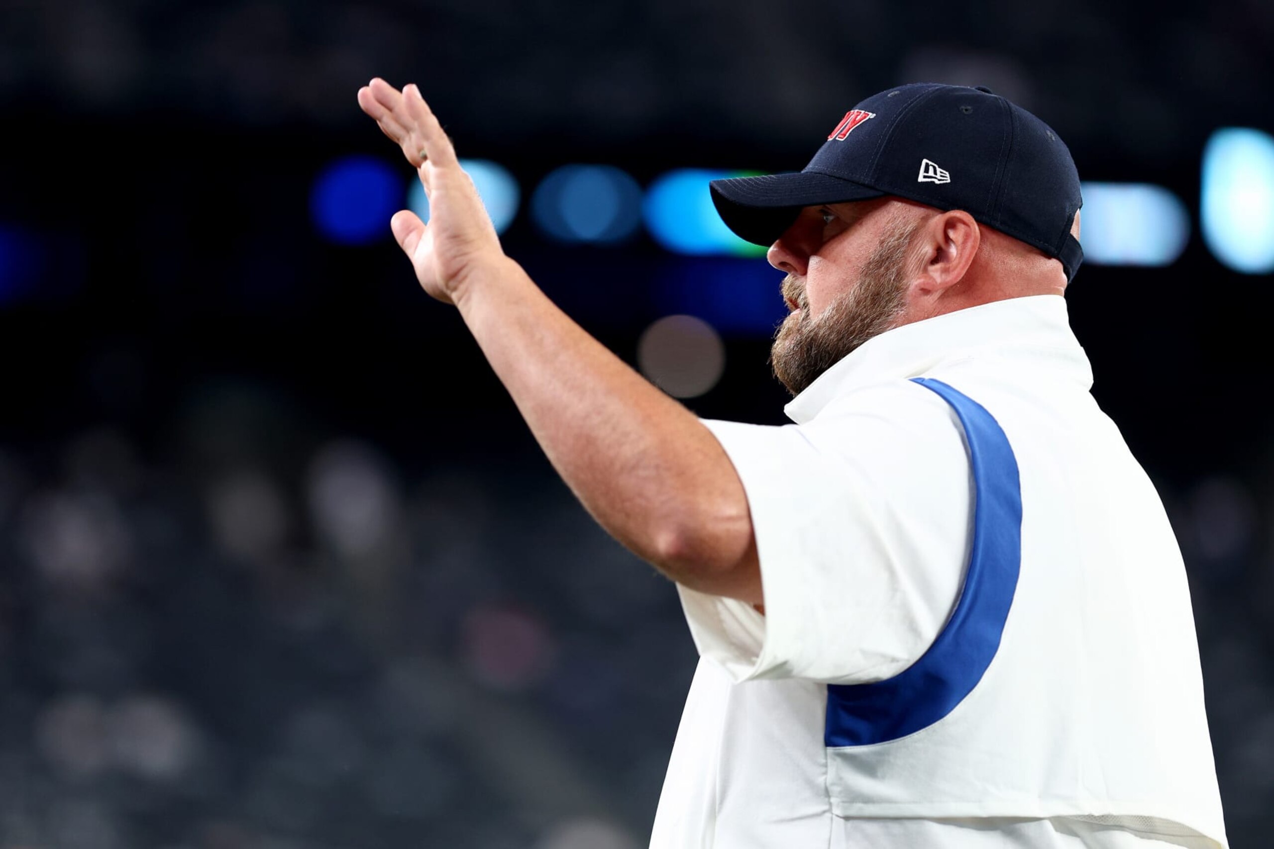 EAST RUTHERFORD, NEW JERSEY - SEPTEMBER 26: Head coach Brian Daboll of the New York Giants looks on prior to the game against the Dallas Cowboys at MetLife Stadium on September 26, 2022 in East Rutherford, New Jersey. (Photo by Elsa/Getty Images)