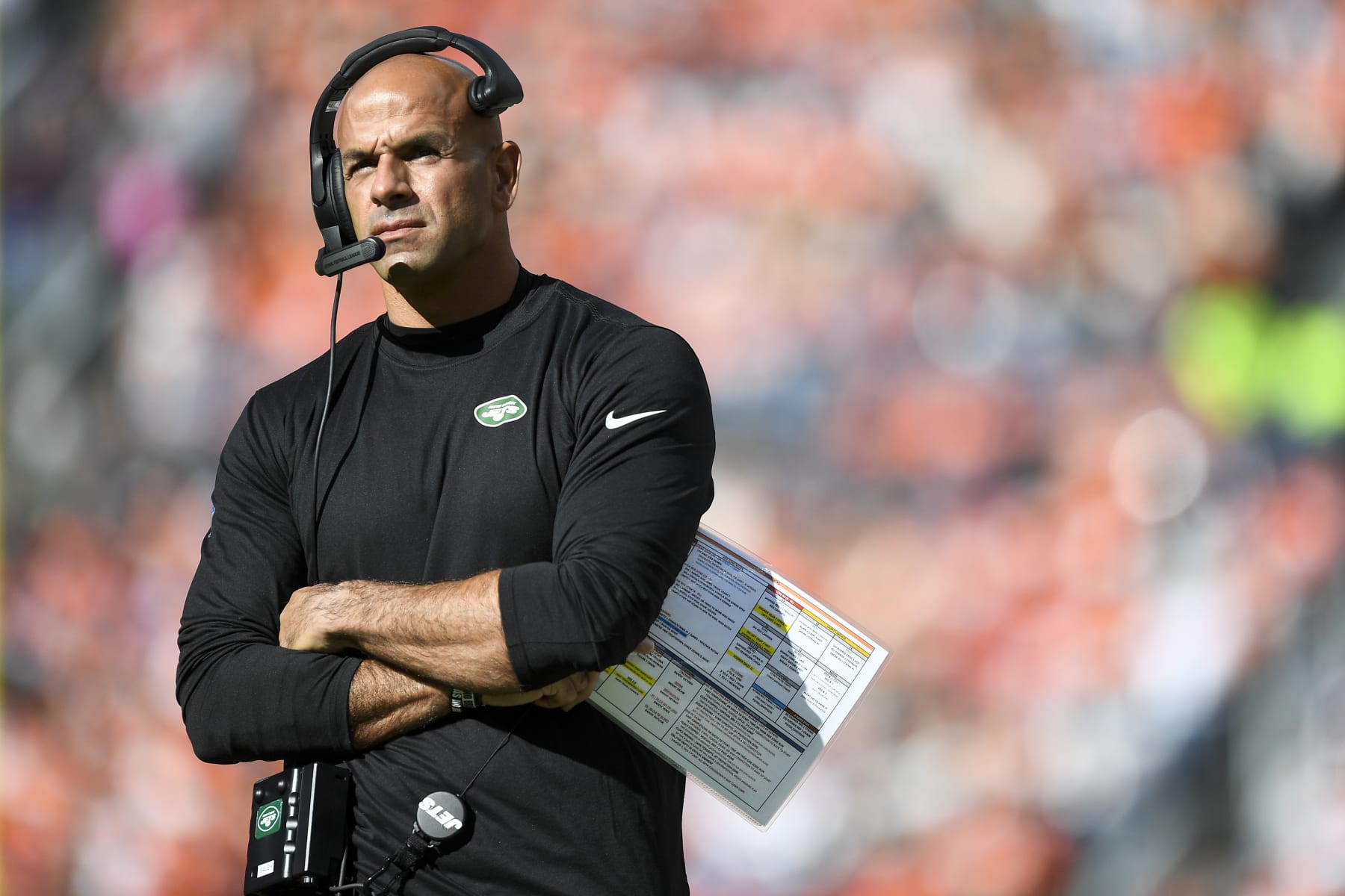 DENVER, COLORADO - OCTOBER 23: Head coach Robert Saleh of the New York Jets looks on against the Denver Broncos during the first quarter at Empower Field At Mile High on October 23, 2022 in Denver, Colorado. (Photo by Dustin Bradford/Getty Images)
