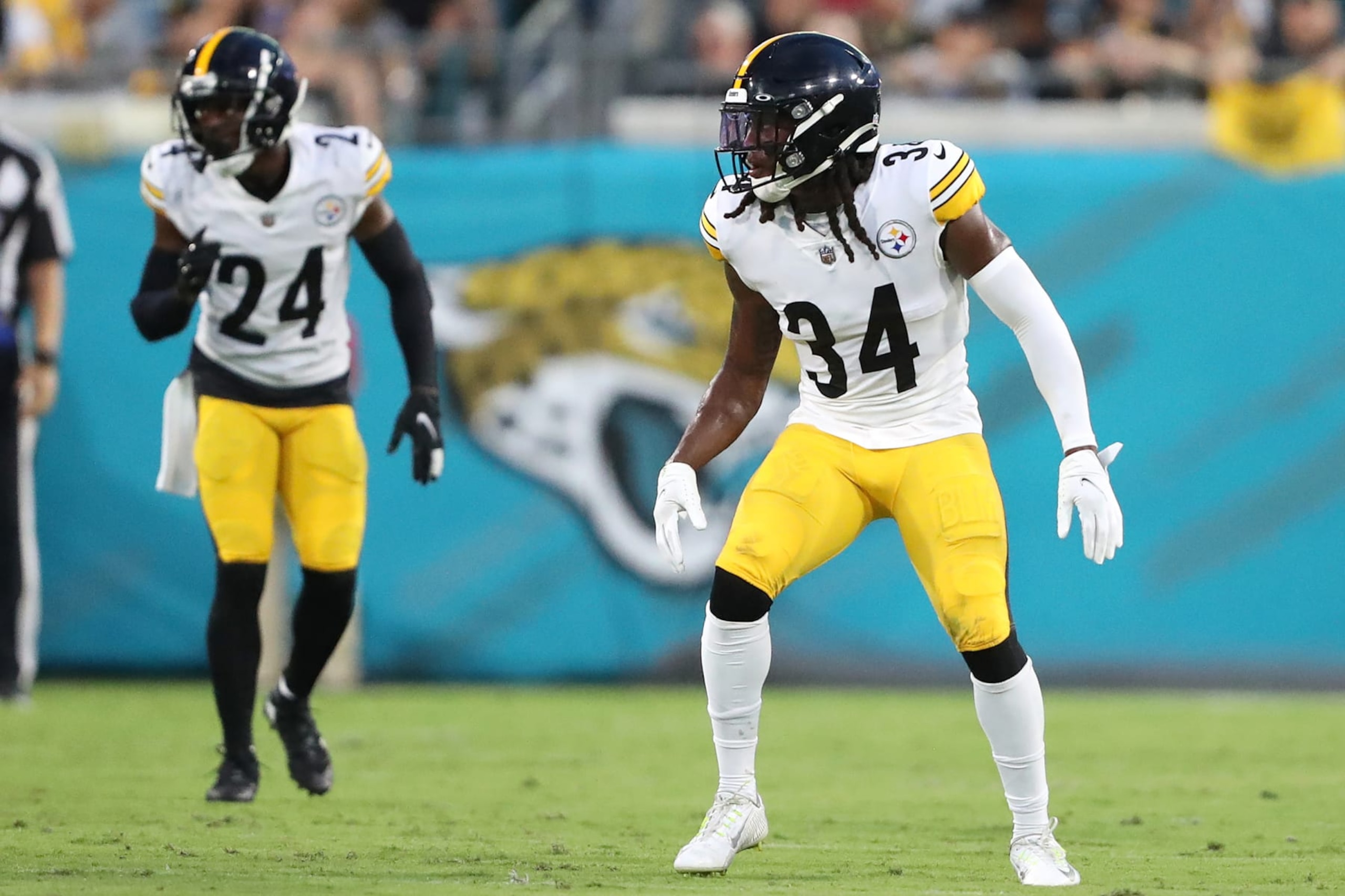 JACKSONVILLE, FLORIDA - AUGUST 20: Terrell Edmunds #34 of the Pittsburgh Steelers in action during the first half of a preseason game against the Jacksonville Jaguars at TIAA Bank Field on August 20, 2022 in Jacksonville, Florida. (Photo by Courtney Culbreath/Getty Images)