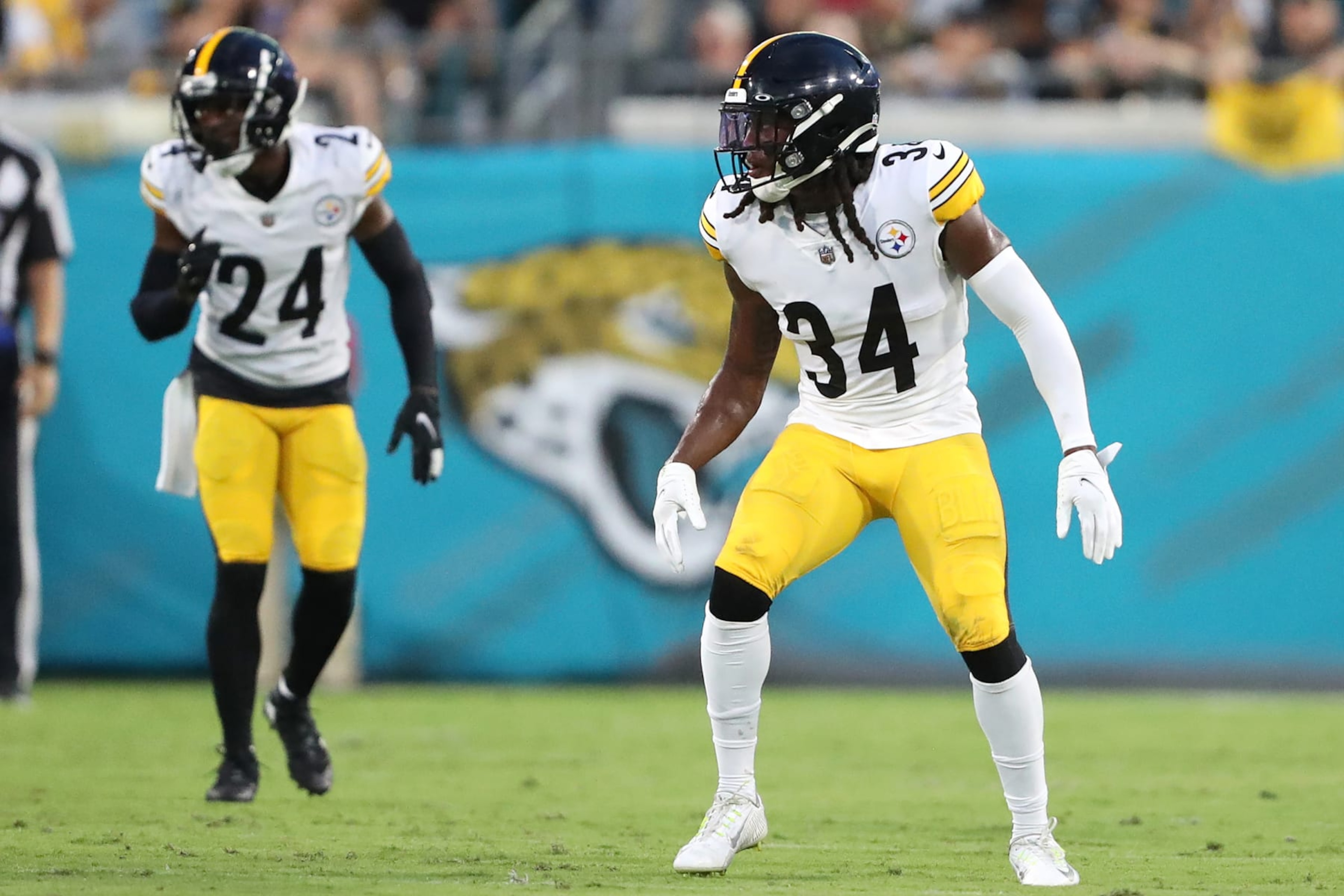 JACKSONVILLE, FLORIDA - AUGUST 20: Terrell Edmunds #34 of the Pittsburgh Steelers in action during the first half of a preseason game against the Jacksonville Jaguars at TIAA Bank Field on August 20, 2022 in Jacksonville, Florida. (Photo by Courtney Culbreath/Getty Images)