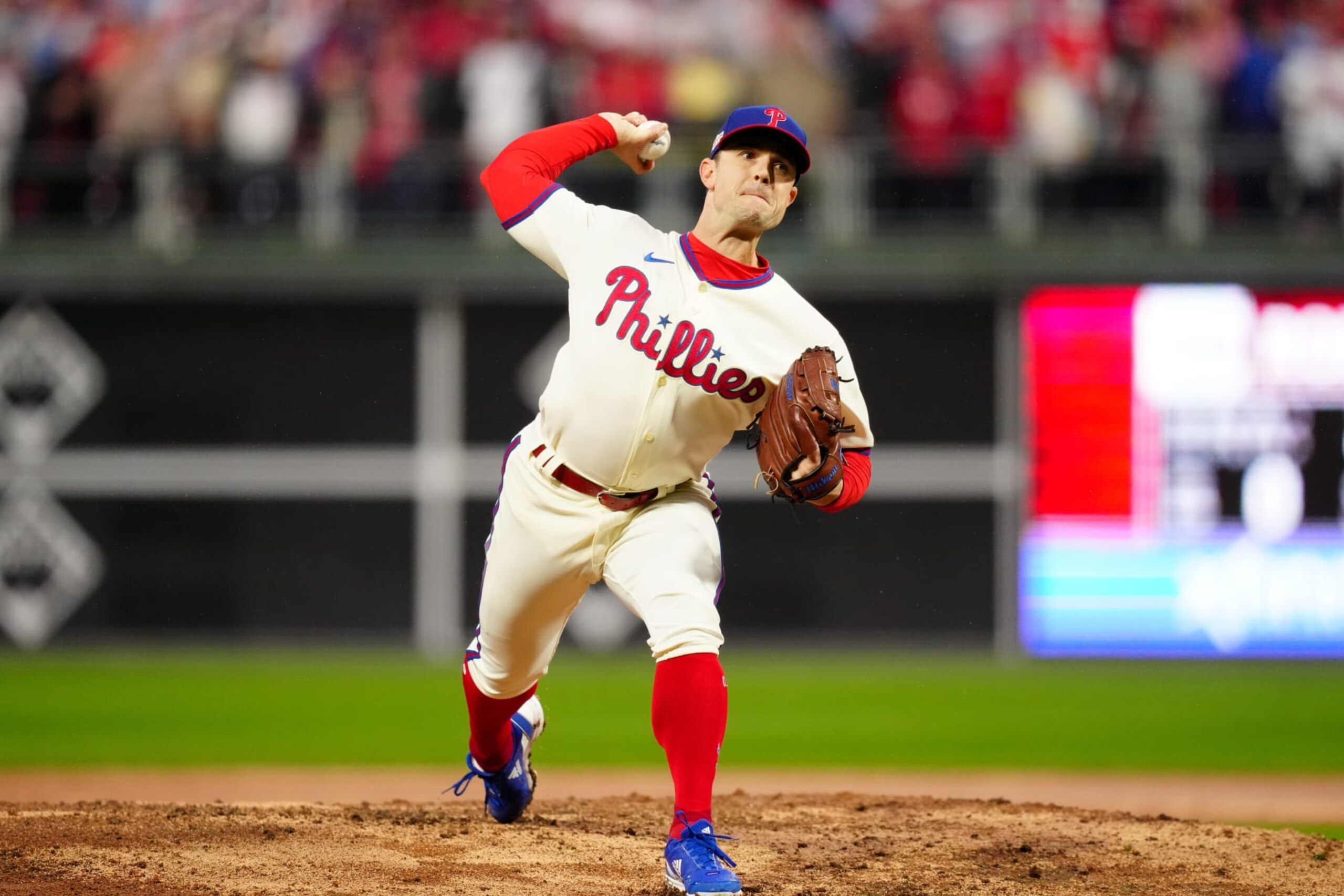 PHILADELPHIA, PA - OCTOBER 23:   David Robertson #30 of the Philadelphia Phillies pitches in the ninth inning during Game 5 of the NLCS between the San Diego Padres and the Philadelphia Phillies at Citizens Bank Park on Sunday, October 23, 2022 in Philadelphia, Pennsylvania. (Photo by Daniel Shirey/MLB Photos via Getty Images)