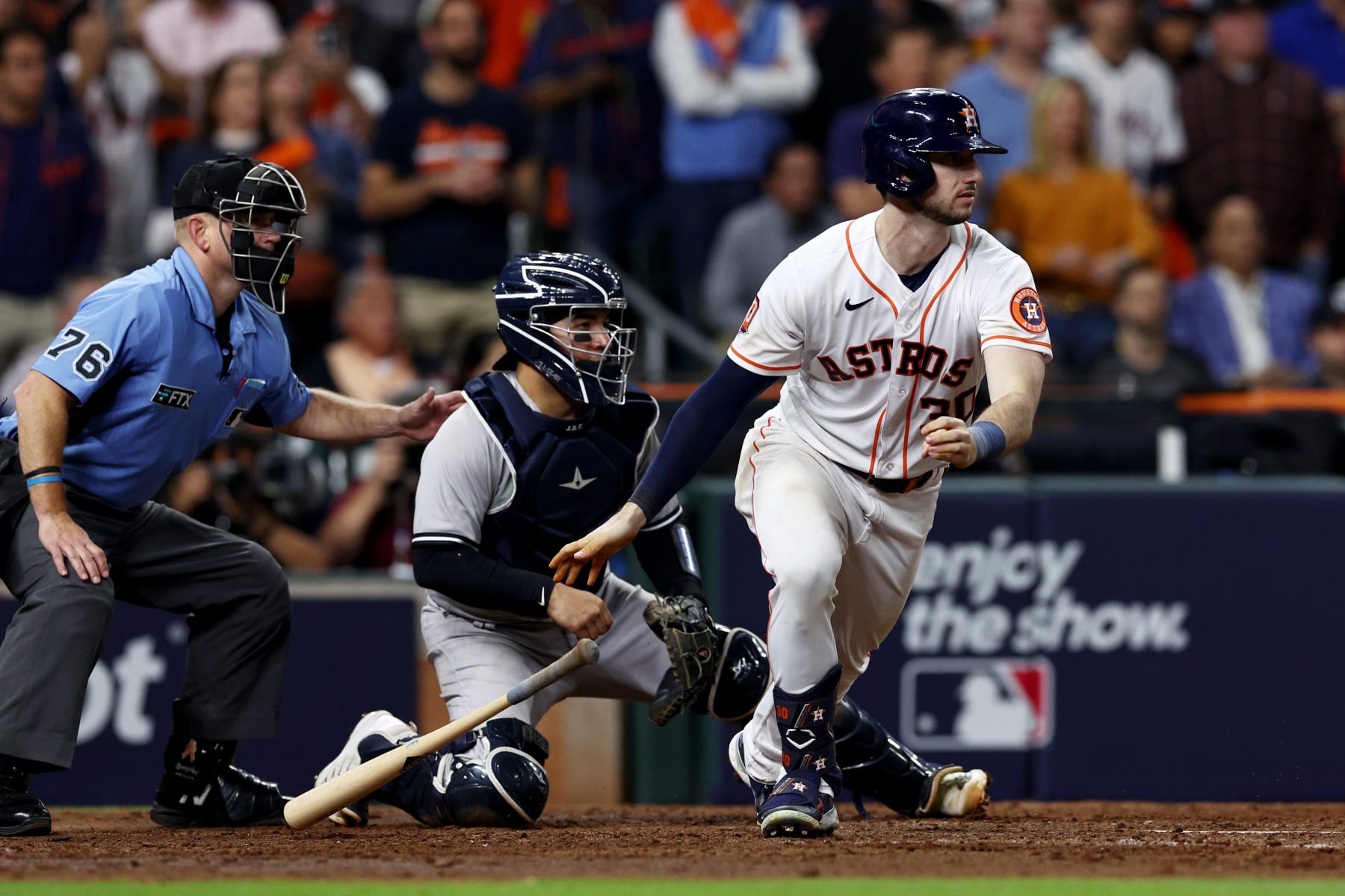 HOUSTON, TEXAS - OCTOBER 19: Kyle Tucker #30 of the Houston Astros grounds out into a double play during the fifth inning against the New York Yankees in game one of the American League Championship Series at Minute Maid Park on October 19, 2022 in Houston, Texas. (Photo by Tom Pennington/Getty Images)