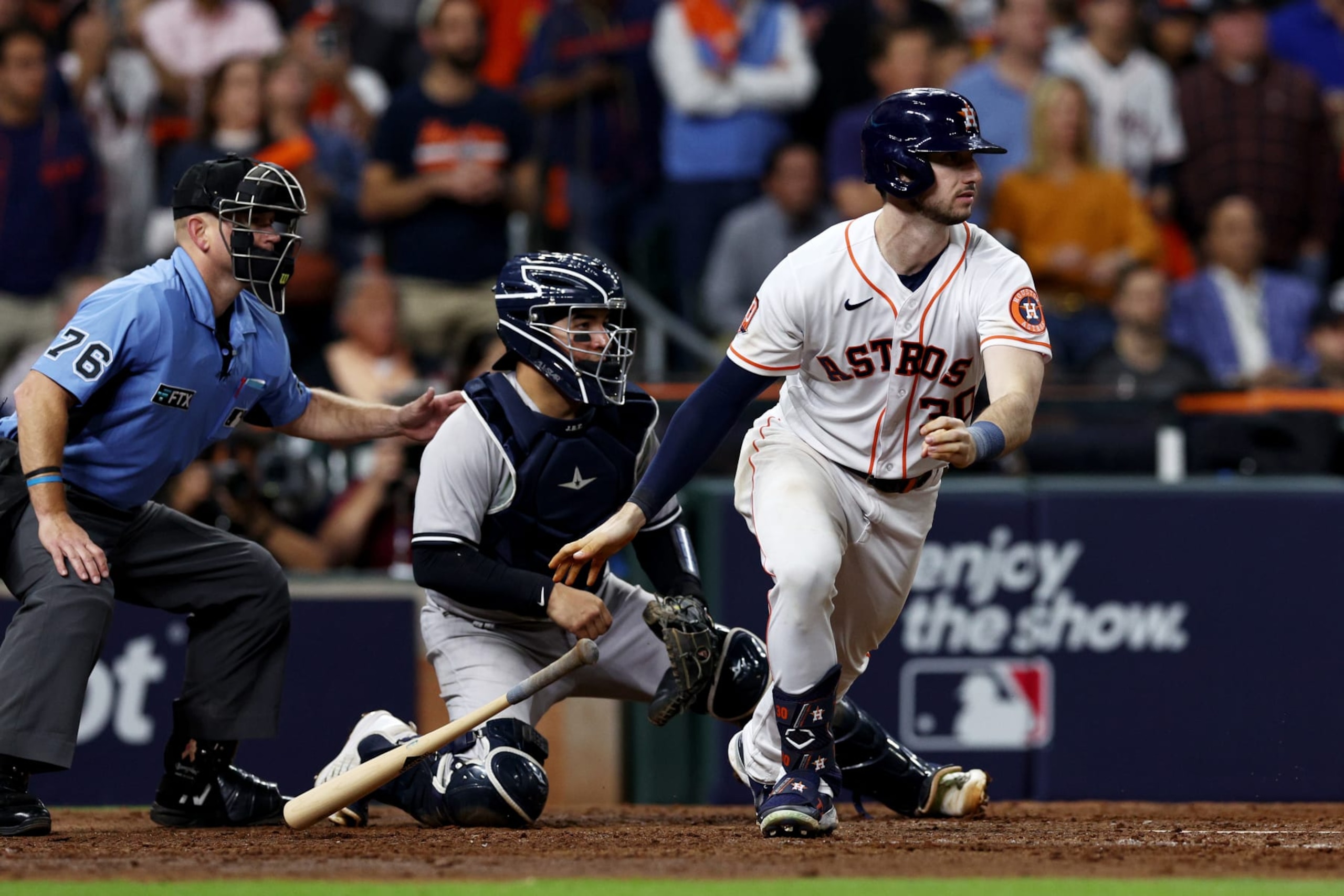 HOUSTON, TEXAS - OCTOBER 19: Kyle Tucker #30 of the Houston Astros grounds out into a double play during the fifth inning against the New York Yankees in game one of the American League Championship Series at Minute Maid Park on October 19, 2022 in Houston, Texas. (Photo by Tom Pennington/Getty Images)