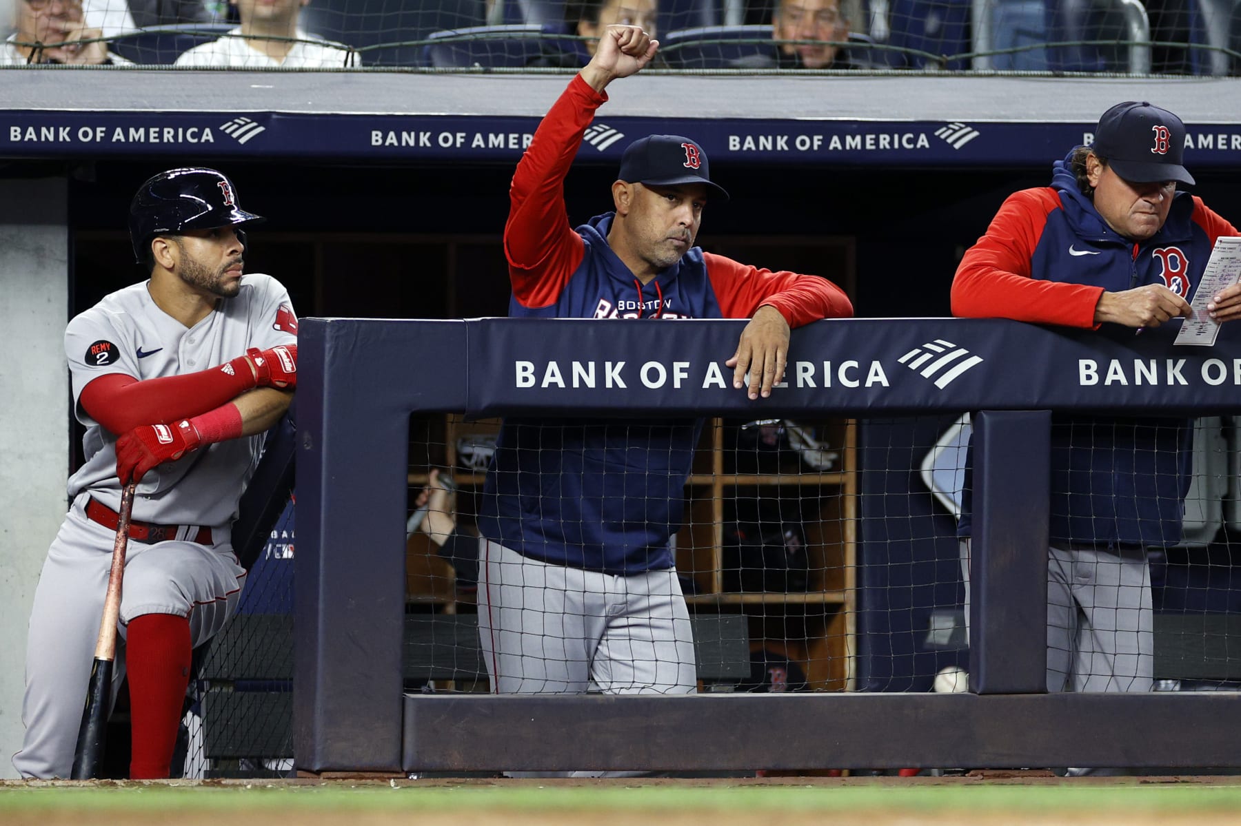NEW YORK, NEW YORK - SEPTEMBER 22: Manager Alex Cora of the Boston Red Sox reacts during the eighth inning against the New York Yankees at Yankee Stadium on September 22, 2022 in the Bronx borough of New York City. (Photo by Sarah Stier/Getty Images)