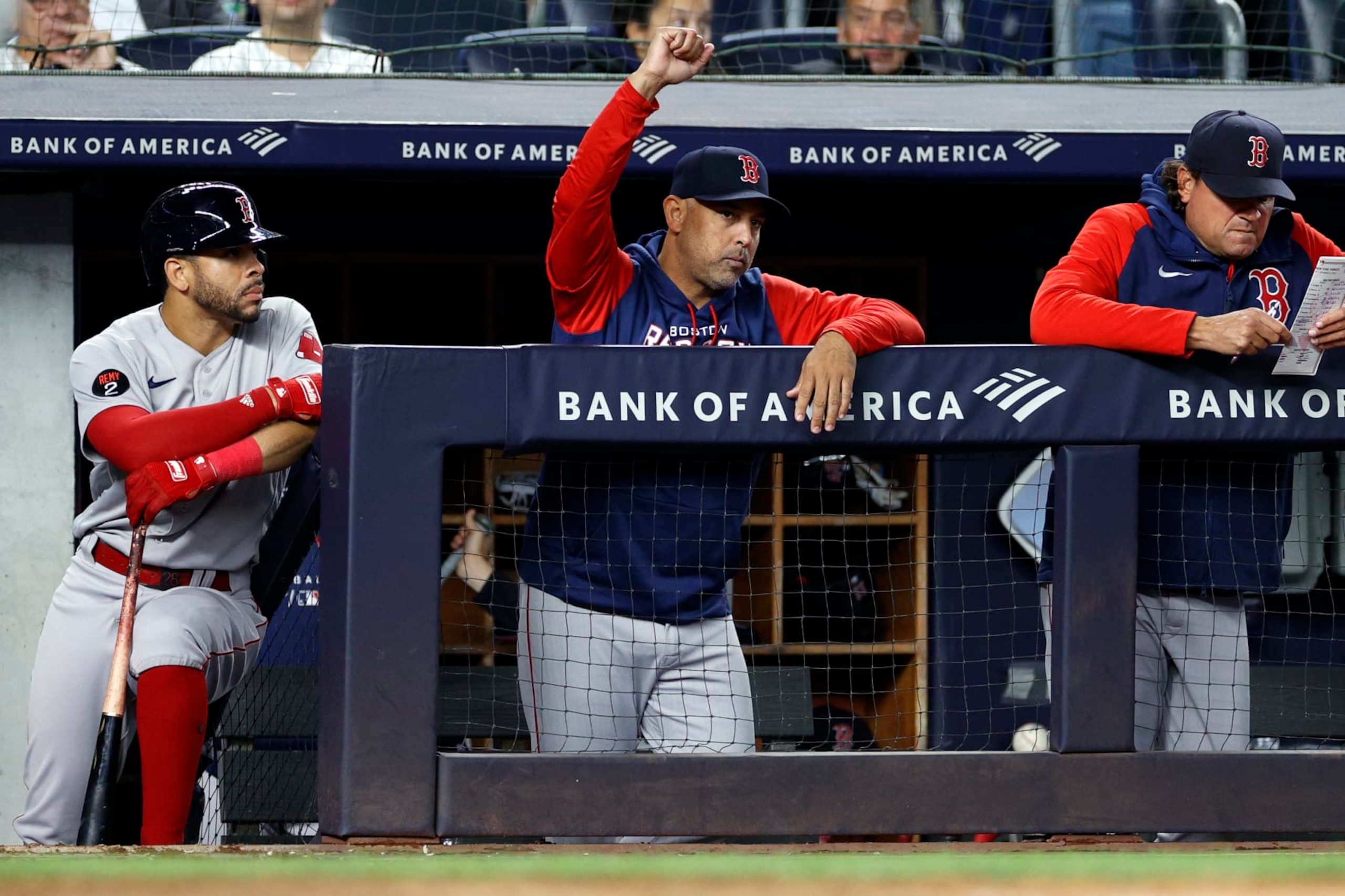 NEW YORK, NEW YORK - SEPTEMBER 22: Manager Alex Cora of the Boston Red Sox reacts during the eighth inning against the New York Yankees at Yankee Stadium on September 22, 2022 in the Bronx borough of New York City. (Photo by Sarah Stier/Getty Images)