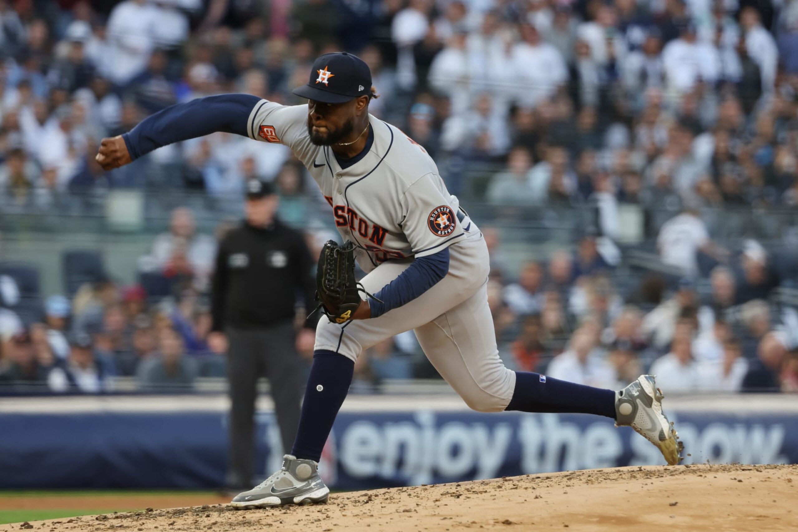 NEW YORK, NY - OCTOBER 22:  Cristian Javier #53 of the Houston Astros pitches in the first inning during Game 3 of the ALCS between the Houston Astros and the New York Yankees at Yankee Stadium on Saturday, October 22, 2022 in New York, New York. (Photo by Mary DeCicco/MLB Photos via Getty Images)