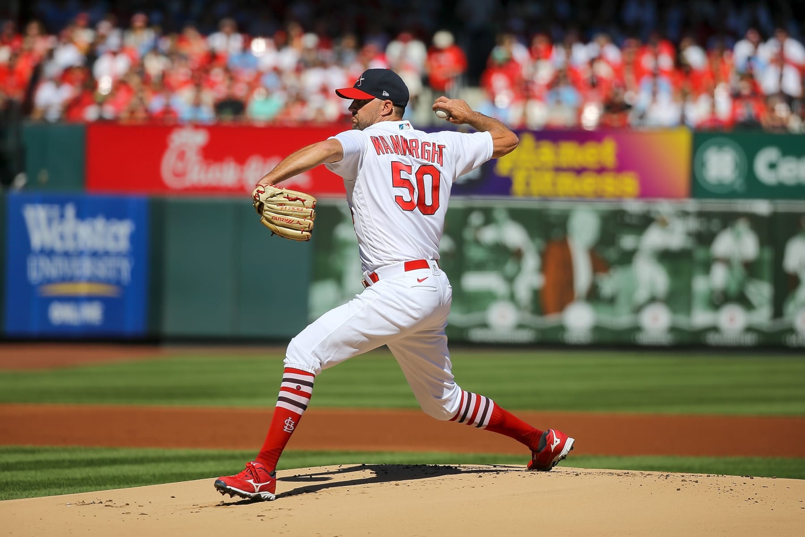 ST. LOUIS, MO - OCTOBER 02: Starter Adam Wainwright #50 of the St. Louis Cardinals delivers a pitch during the first inning against the Pittsburgh Pirates at Busch Stadium on October 2, 2022 in St. Louis, Missouri. (Photo by Scott Kane/Getty Images)