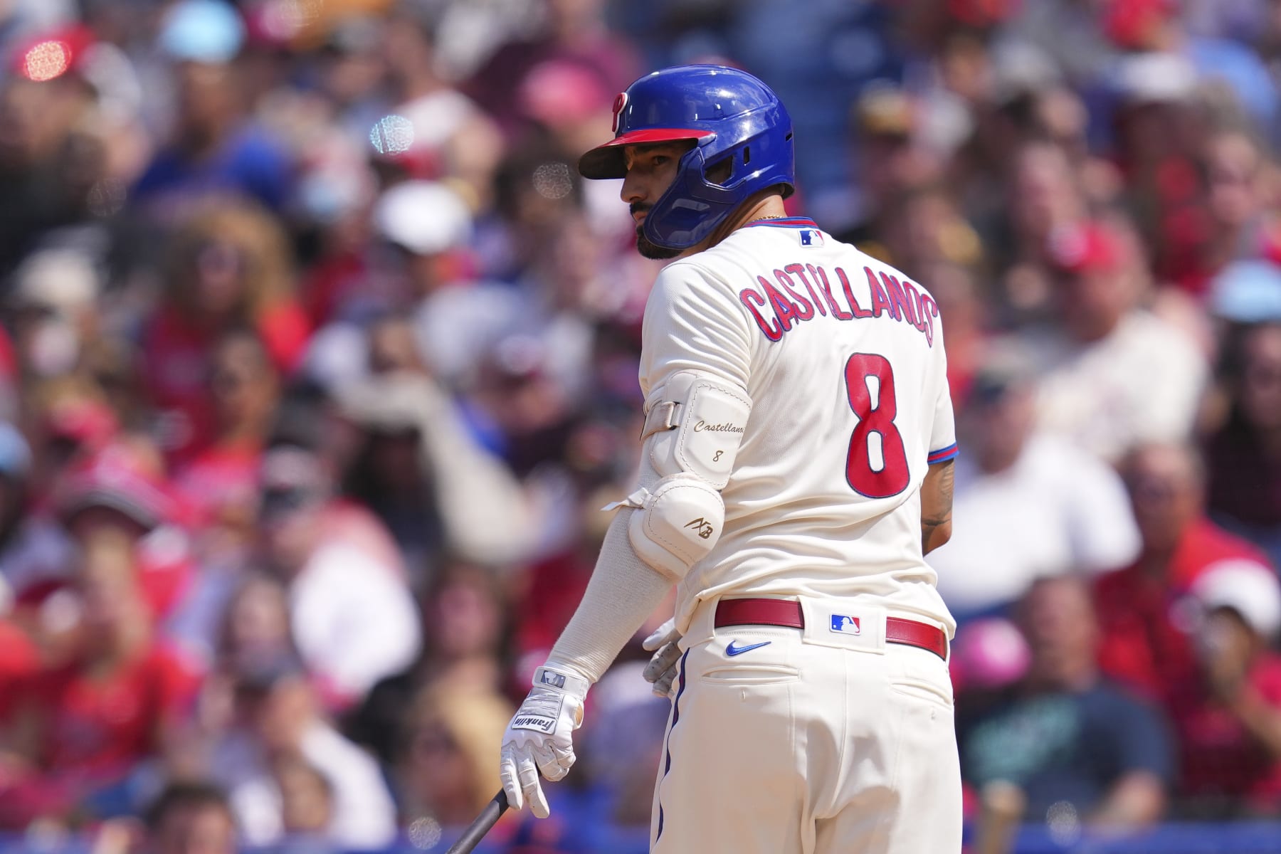 PHILADELPHIA, PA - AUGUST 28: Nick Castellanos #8 of the Philadelphia Phillies looks on against the Pittsburgh Pirates at Citizens Bank Park on August 28, 2022 in Philadelphia, Pennsylvania. The Pirates defeated the Phillies 5-0. (Photo by Mitchell Leff/Getty Images)
