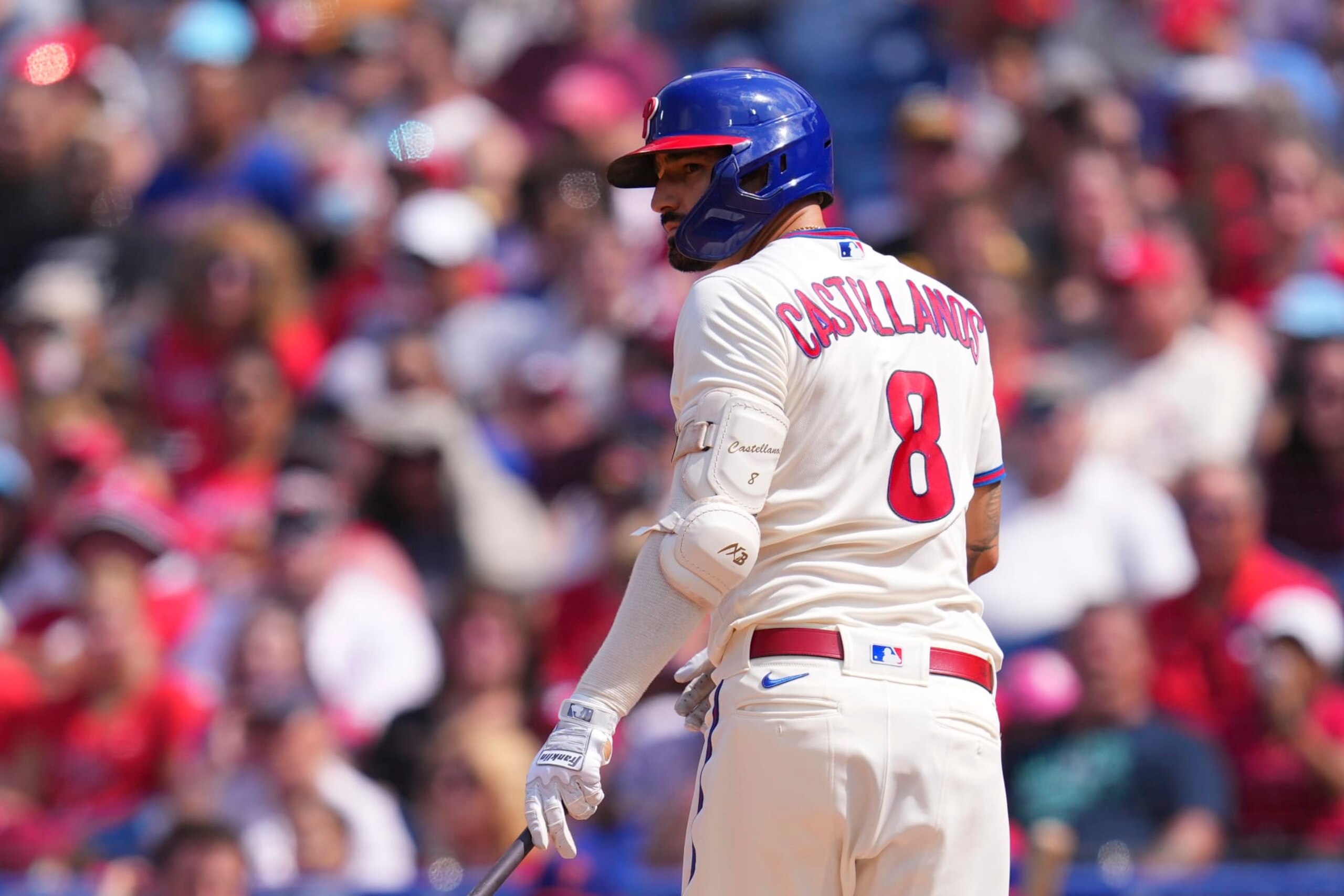 PHILADELPHIA, PA - AUGUST 28: Nick Castellanos #8 of the Philadelphia Phillies looks on against the Pittsburgh Pirates at Citizens Bank Park on August 28, 2022 in Philadelphia, Pennsylvania. The Pirates defeated the Phillies 5-0. (Photo by Mitchell Leff/Getty Images)
