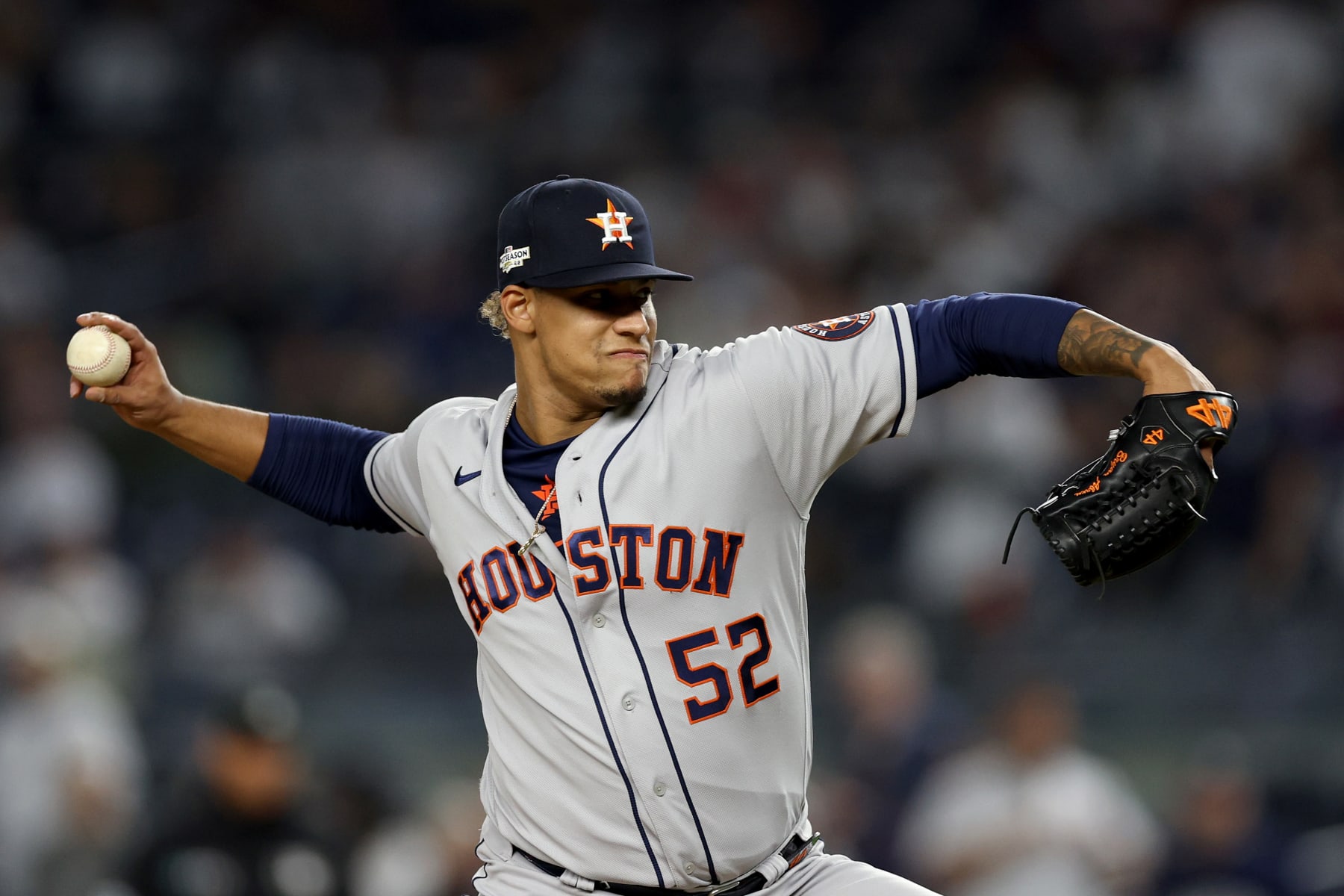 NEW YORK, NEW YORK - OCTOBER 22: Bryan Abreu #52 of the Houston Astros pitches against the New York Yankees during the ninth inning in game three of the American League Championship Series at Yankee Stadium on October 22, 2022 in New York City. (Photo by Jamie Squire/Getty Images)