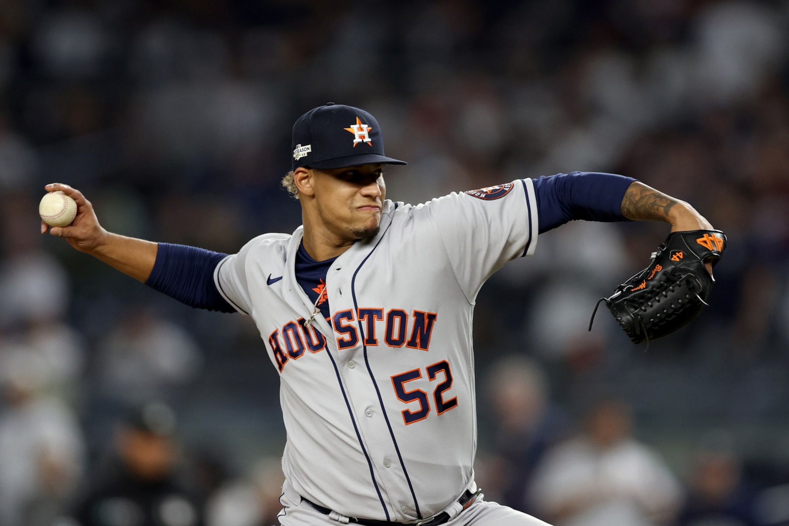 NEW YORK, NEW YORK - OCTOBER 22: Bryan Abreu #52 of the Houston Astros pitches against the New York Yankees during the ninth inning in game three of the American League Championship Series at Yankee Stadium on October 22, 2022 in New York City. (Photo by Jamie Squire/Getty Images)