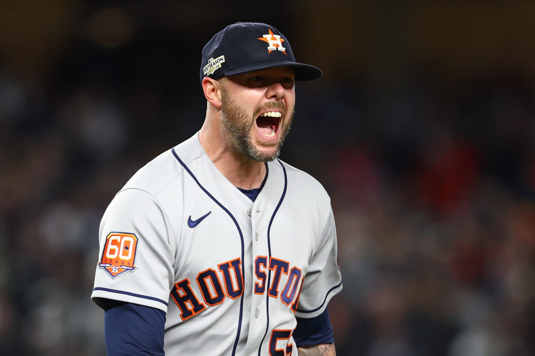 NEW YORK, NEW YORK - OCTOBER 23: Ryan Pressly #55 of the Houston Astros celebrates after defeating the New York Yankees in game four to win the American League Championship Series at Yankee Stadium on October 23, 2022 in the Bronx borough of New York City. (Photo by Elsa/Getty Images)