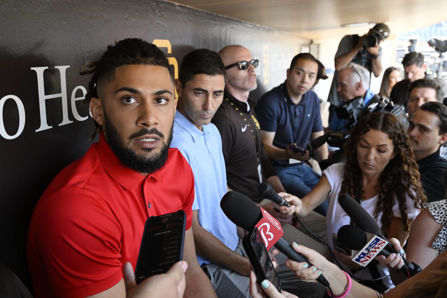 SAN DIEGO, CA - AUGUST 23: Fernando Tatis Jr. #23 of the San Diego Padres answers a question during a news conference before a game against the Cleveland Guardians August 23, 2022 at Petco Park in San Diego, California. (Photo by Denis Poroy/Getty Images)