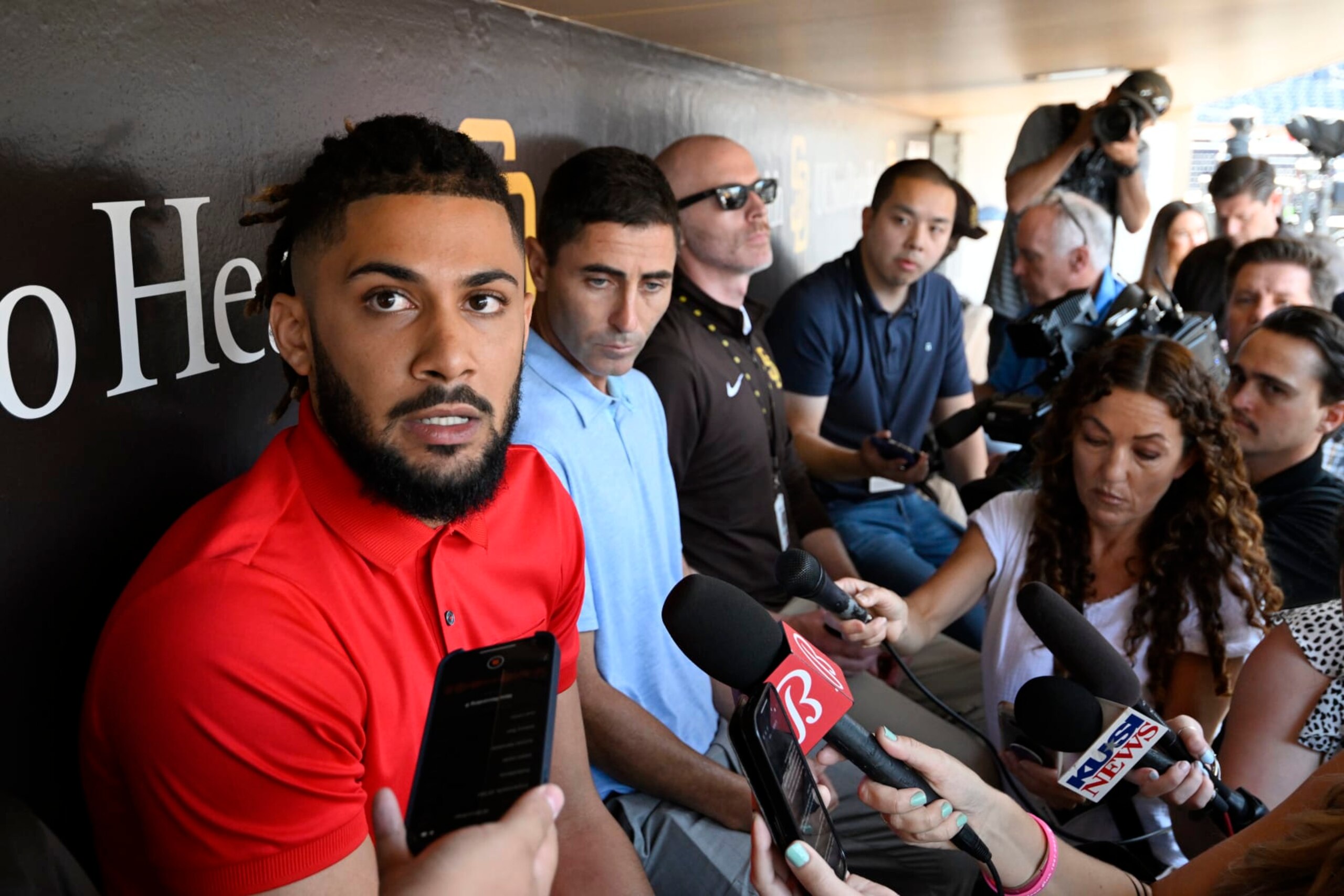 SAN DIEGO, CA - AUGUST 23: Fernando Tatis Jr. #23 of the San Diego Padres answers a question during a news conference before a game against the Cleveland Guardians August 23, 2022 at Petco Park in San Diego, California. (Photo by Denis Poroy/Getty Images)