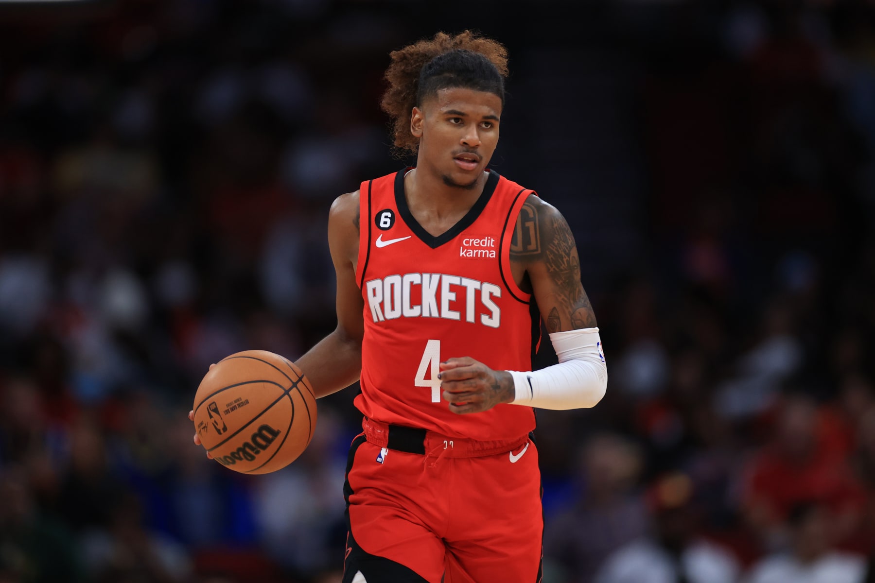HOUSTON, TEXAS - OCTOBER 24: Jalen Green #4 of the Houston Rockets in action against the Utah Jazz at Toyota Center on October 24, 2022 in Houston, Texas. NOTE TO USER: User expressly acknowledges and agrees that, by downloading and or using this photograph, User is consenting to the terms and conditions of the Getty Images License Agreement. (Photo by Carmen Mandato/Getty Images)