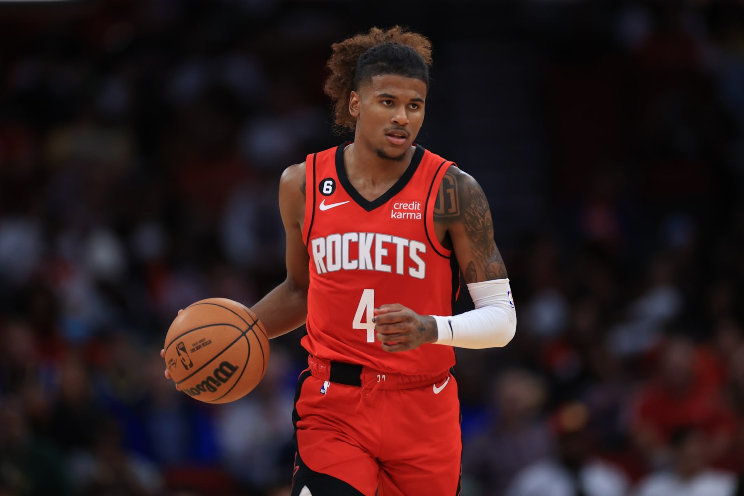 HOUSTON, TEXAS - OCTOBER 24: Jalen Green #4 of the Houston Rockets in action against the Utah Jazz at Toyota Center on October 24, 2022 in Houston, Texas. NOTE TO USER: User expressly acknowledges and agrees that, by downloading and or using this photograph, User is consenting to the terms and conditions of the Getty Images License Agreement. (Photo by Carmen Mandato/Getty Images)