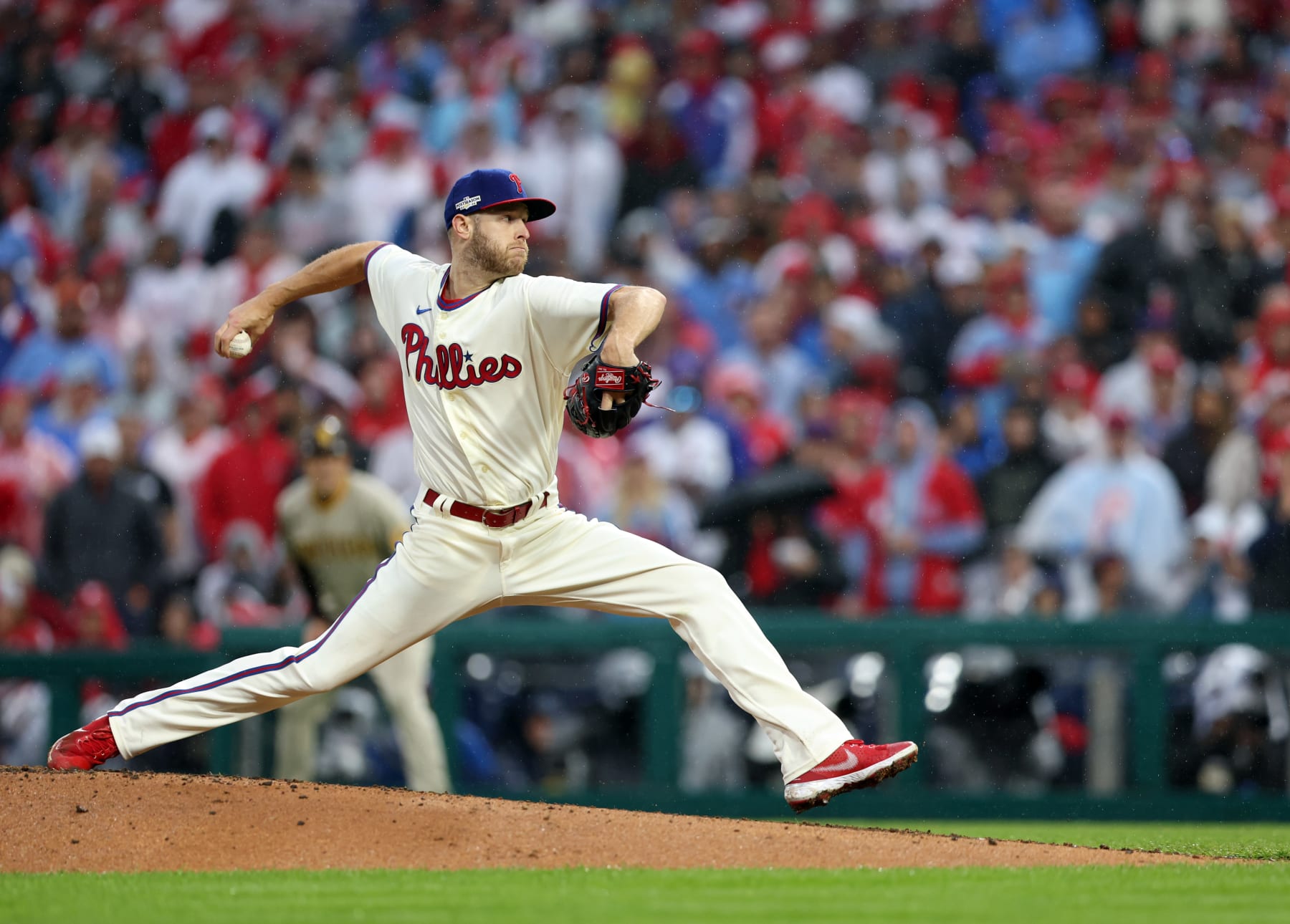 PHILADELPHIA, PA - OCTOBER 23: Zack Wheeler #45 of the Philadelphia Phillies pitches during Game 5 of the NLCS between the San Diego Padres and the Philadelphia Phillies at Citizens Bank Park on Sunday, October 23, 2022 in Philadelphia, Pennsylvania. (Photo by Rob Tringali/MLB Photos via Getty Images)