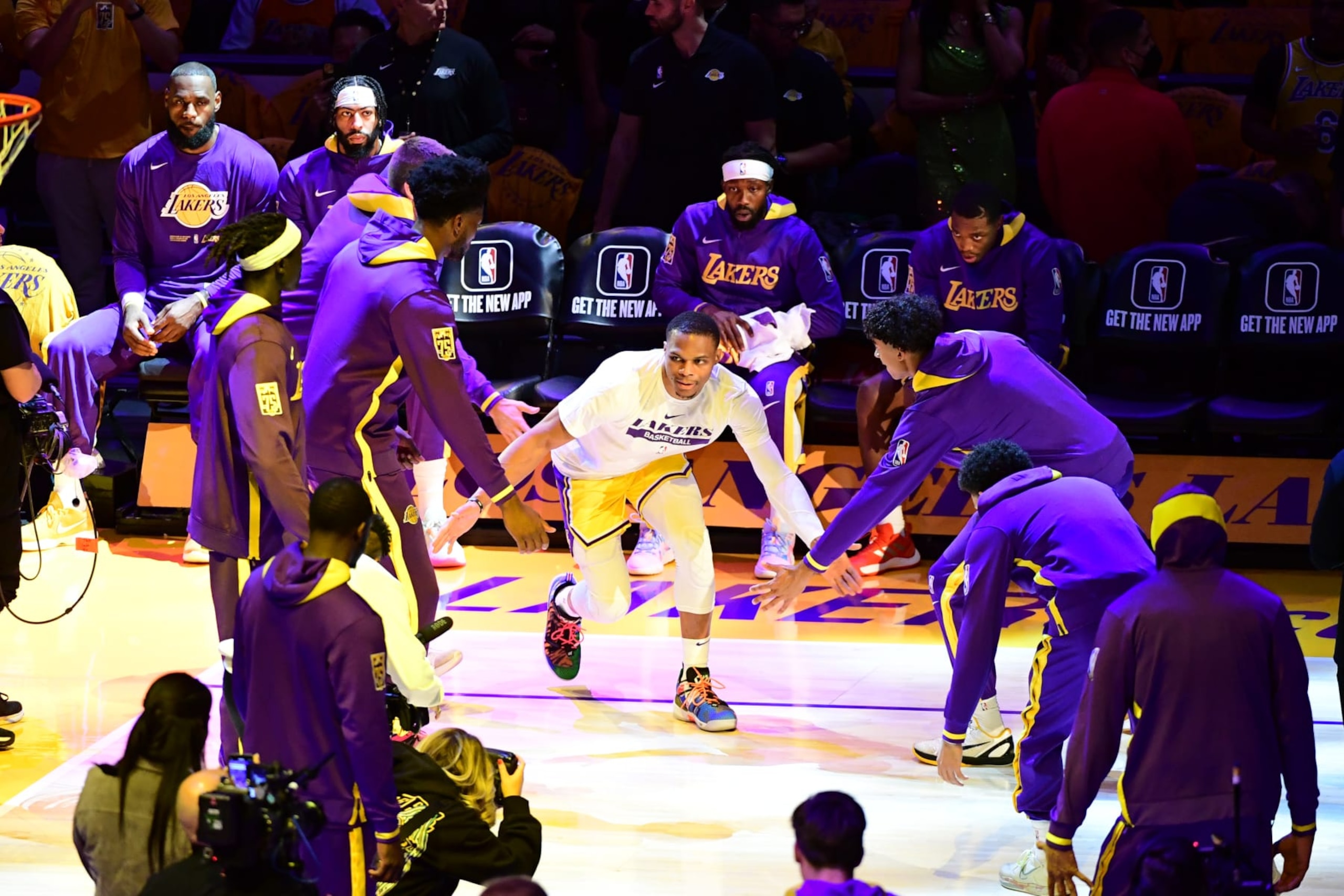 LOS ANGELES, CA - OCTOBER 20: Russell Westbrook #0 of the Los Angeles Lakers walks onto the court before the game against the LA Clippers on October 20, 2022 at Crypto.Com Arena in Los Angeles, California. NOTE TO USER: User expressly acknowledges and agrees that, by downloading and/or using this Photograph, user is consenting to the terms and conditions of the Getty Images License Agreement. Mandatory Copyright Notice: Copyright 2022 NBAE (Photo by Adam Pantozzi/NBAE via Getty Images)