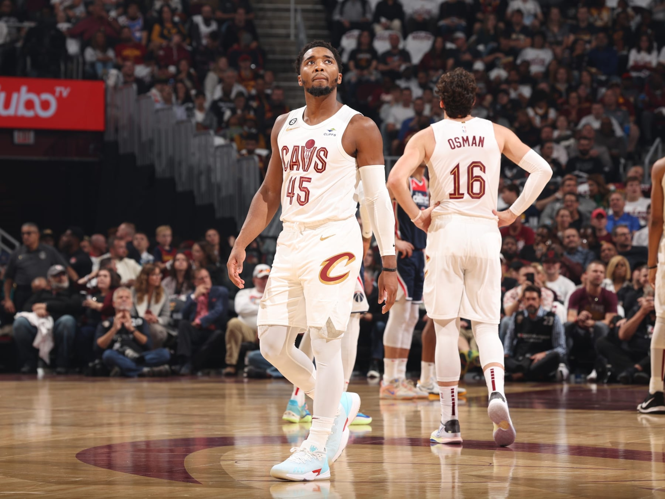 CLEVELAND, OH - OCTOBER 23:  Donovan Mitchell #45 of the Cleveland Cavaliers looks on during the game against the Washington Wizards on October23, 2022 at Rocket Mortgage FieldHouse in Cleveland, Ohio. NOTE TO USER: User expressly acknowledges and agrees that, by downloading and/or using this Photograph, user is consenting to the terms and conditions of the Getty Images License Agreement. Mandatory Copyright Notice: Copyright 2022 NBAE (Photo by Jeff Haynes/NBAE via Getty Images)