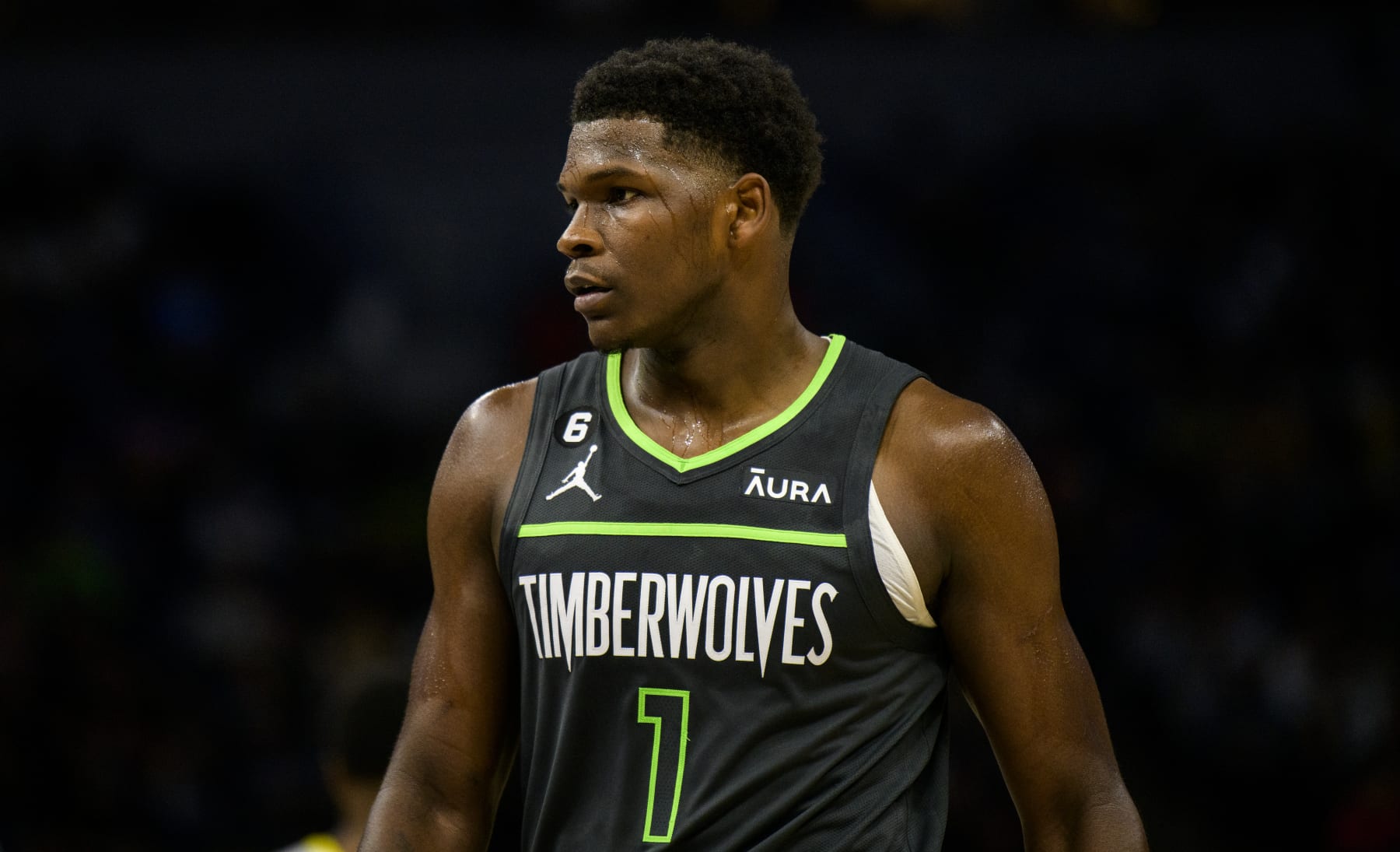 MINNEAPOLIS, MN - OCTOBER 21: Anthony Edwards #1 of the Minnesota Timberwolves looks on in the third quarter of the game against the Utah Jazz at Target Center on October 21, 2022 in Minneapolis, Minnesota. NOTE TO USER: User expressly acknowledges and agrees that, by downloading and or using this photograph, User is consenting to the terms and conditions of the Getty Images License Agreement. (Photo by Stephen Maturen/Getty Images)