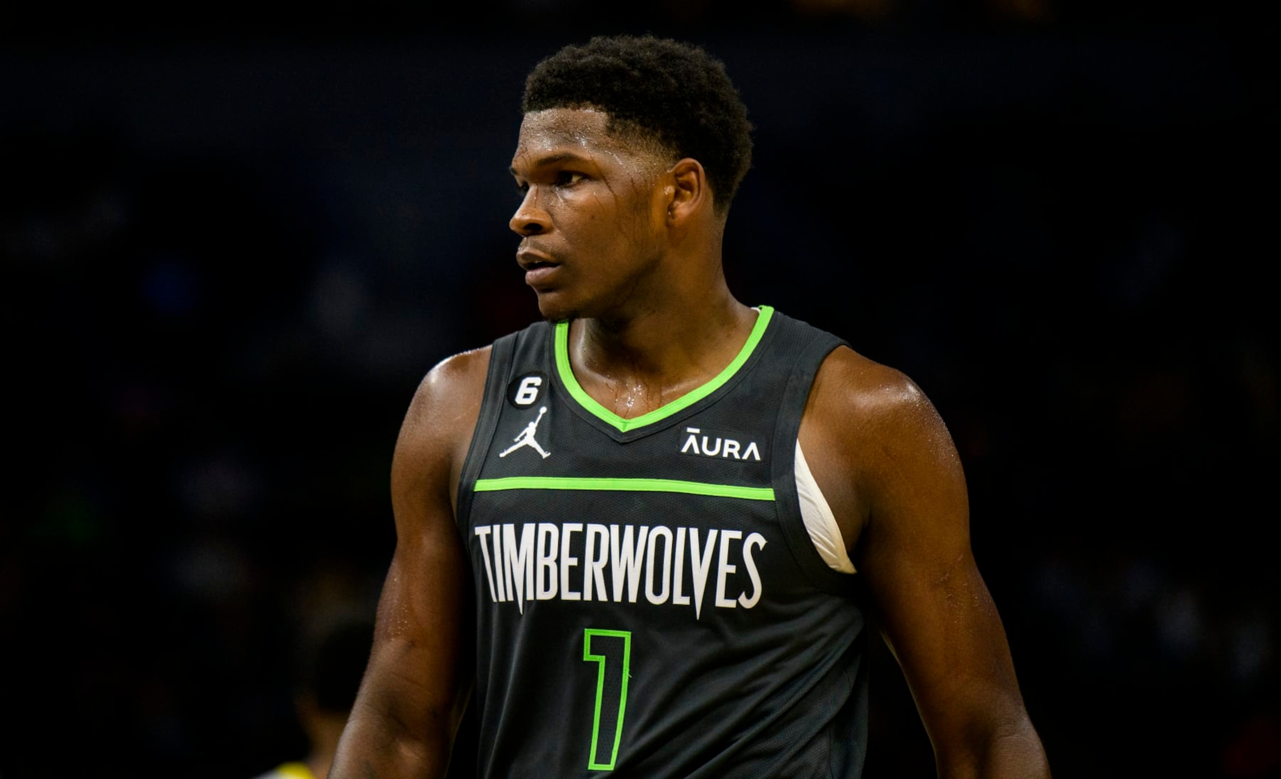 MINNEAPOLIS, MN - OCTOBER 21: Anthony Edwards #1 of the Minnesota Timberwolves looks on in the third quarter of the game against the Utah Jazz at Target Center on October 21, 2022 in Minneapolis, Minnesota. NOTE TO USER: User expressly acknowledges and agrees that, by downloading and or using this photograph, User is consenting to the terms and conditions of the Getty Images License Agreement. (Photo by Stephen Maturen/Getty Images)
