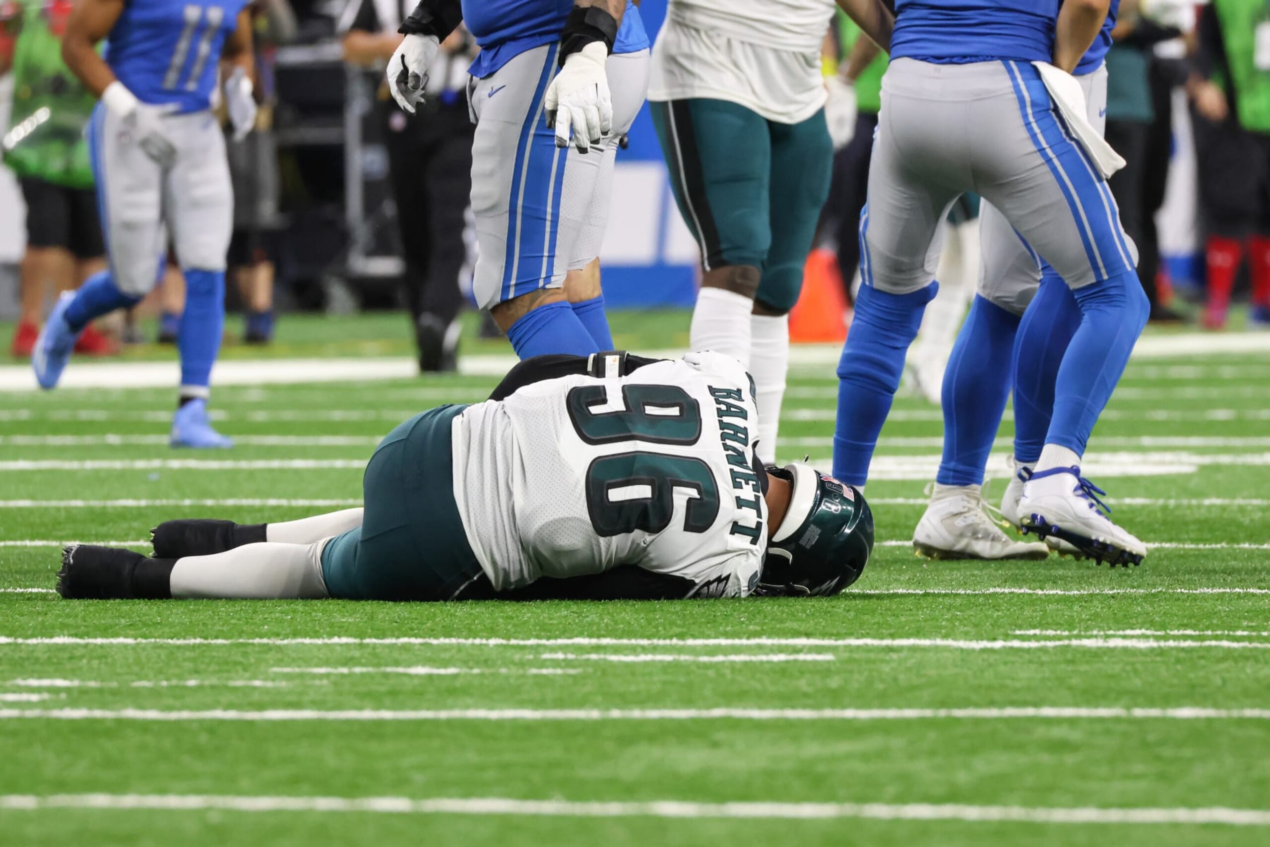 DETROIT, MI - SEPTEMBER 11:  Philadelphia Eagles defensive end Derek Barnett (96) lies on the field after sustaining a lower leg injury during a regular season NFL football game between the Philadelphia Eagles and the Detroit Lions on September 11, 2022 at Ford Field in Detroit, Michigan.  (Photo by Scott W. Grau/Icon Sportswire via Getty Images)