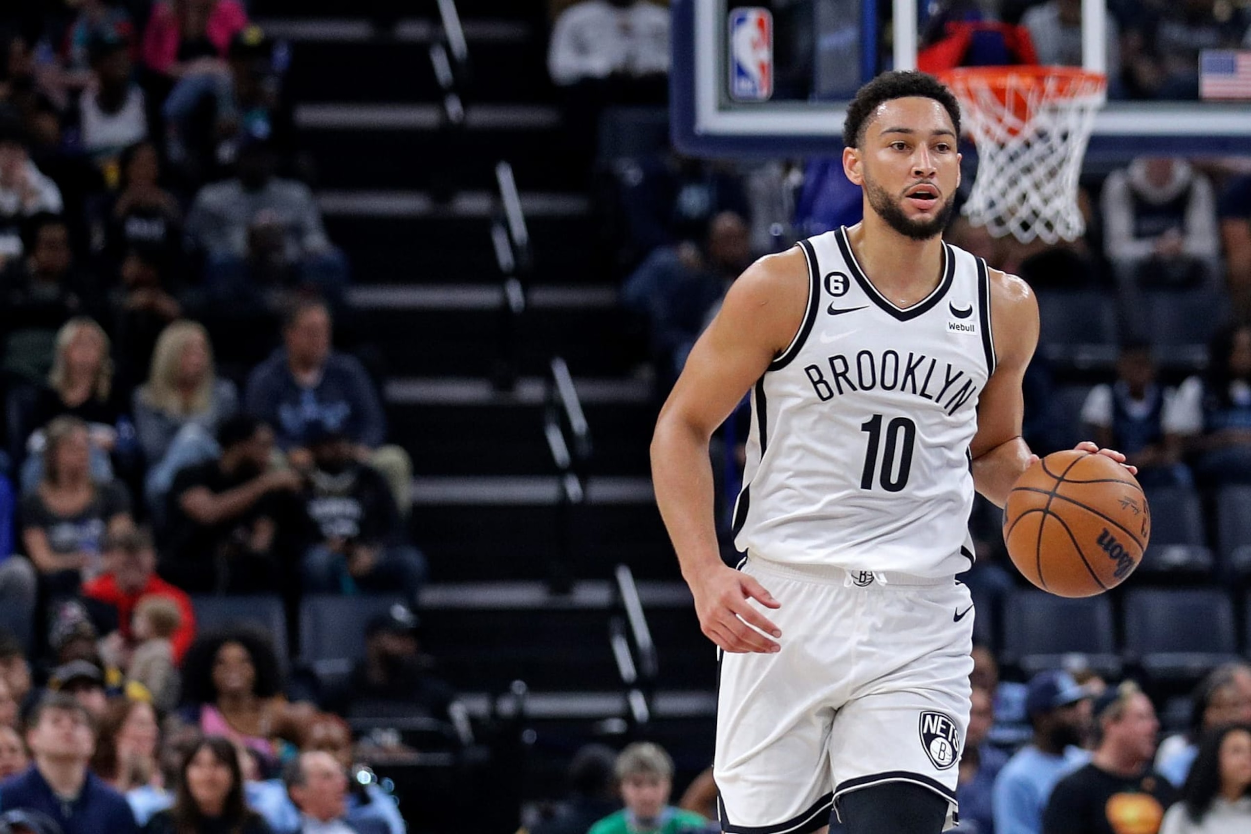 MEMPHIS, TENNESSEE - OCTOBER 24: Ben Simmons #10 of the Brooklyn Nets brings the ball up court during the game against the Memphis Grizzlies at FedExForum on October 24, 2022 in Memphis, Tennessee. NOTE TO USER: User expressly acknowledges and agrees that, by downloading and or using this photograph, User is consenting to the terms and conditions of the Getty Images License Agreement. (Photo by Justin Ford/Getty Images)