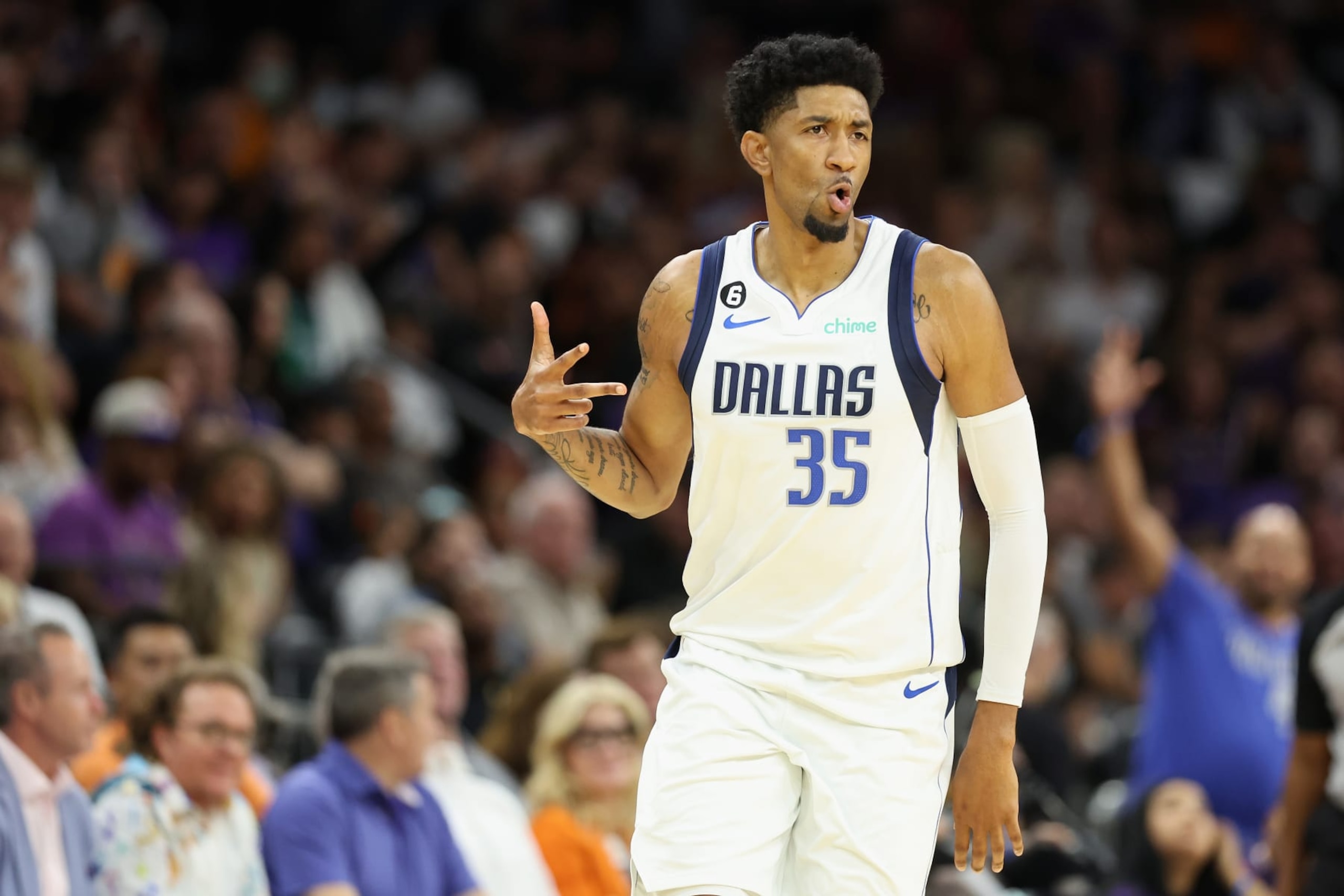 PHOENIX, ARIZONA - OCTOBER 19: Christian Wood #35 of the Dallas Mavericks reacts to a three-point shot against the Phoenix Suns during the second half of the NBA game at Footprint Center on October 19, 2022 in Phoenix, Arizona. The Suns defeated the Mavericks 107-105. NOTE TO USER: User expressly acknowledges and agrees that, by downloading and or using this photograph, User is consenting to the terms and conditions of the Getty Images License Agreement.  (Photo by Christian Petersen/Getty Images)