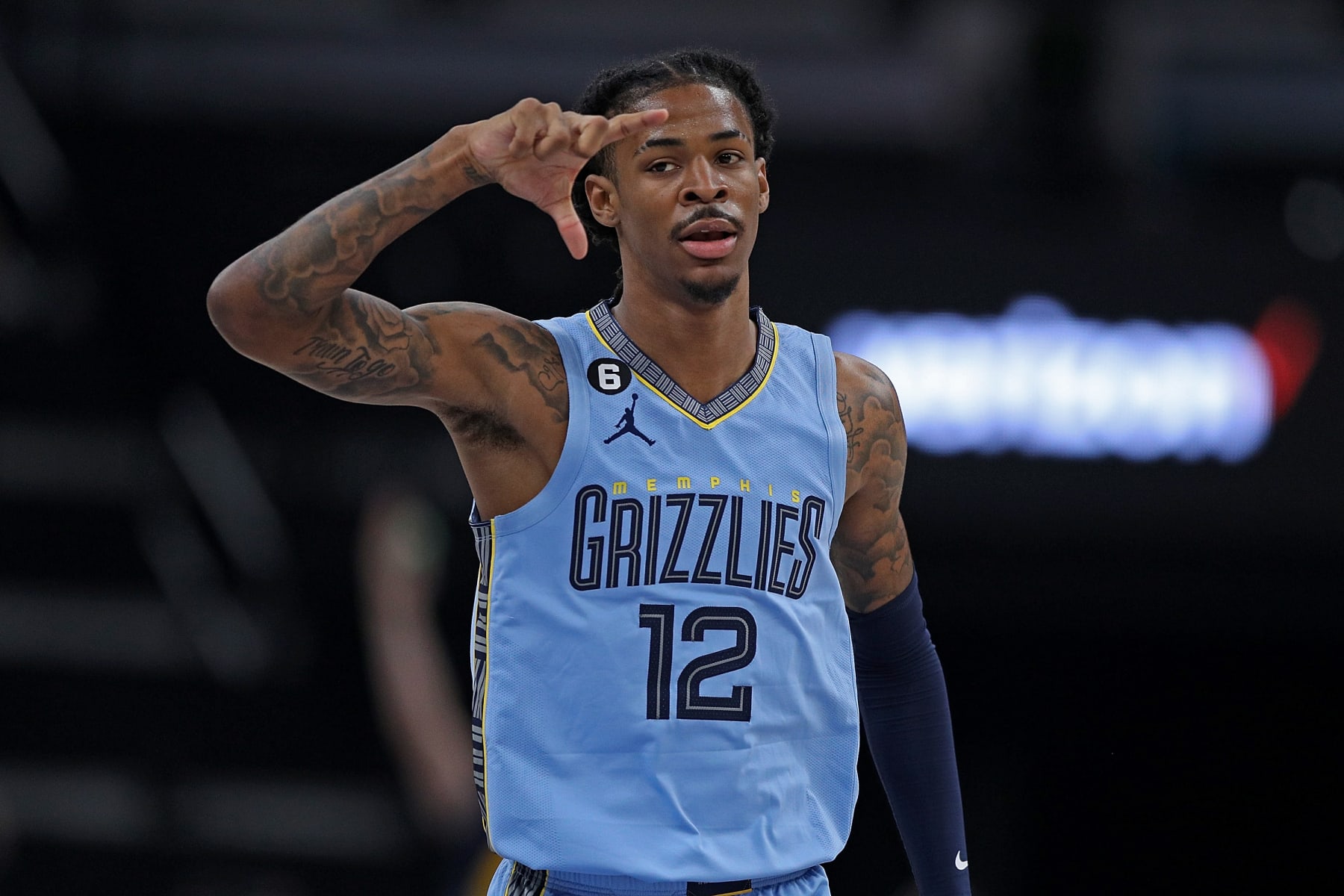 MEMPHIS, TENNESSEE - OCTOBER 24: Ja Morant #12 of the Memphis Grizzlies reacts during the game against the Brooklyn Nets at FedExForum on October 24, 2022 in Memphis, Tennessee. NOTE TO USER: User expressly acknowledges and agrees that, by downloading and or using this photograph, User is consenting to the terms and conditions of the Getty Images License Agreement. (Photo by Justin Ford/Getty Images)