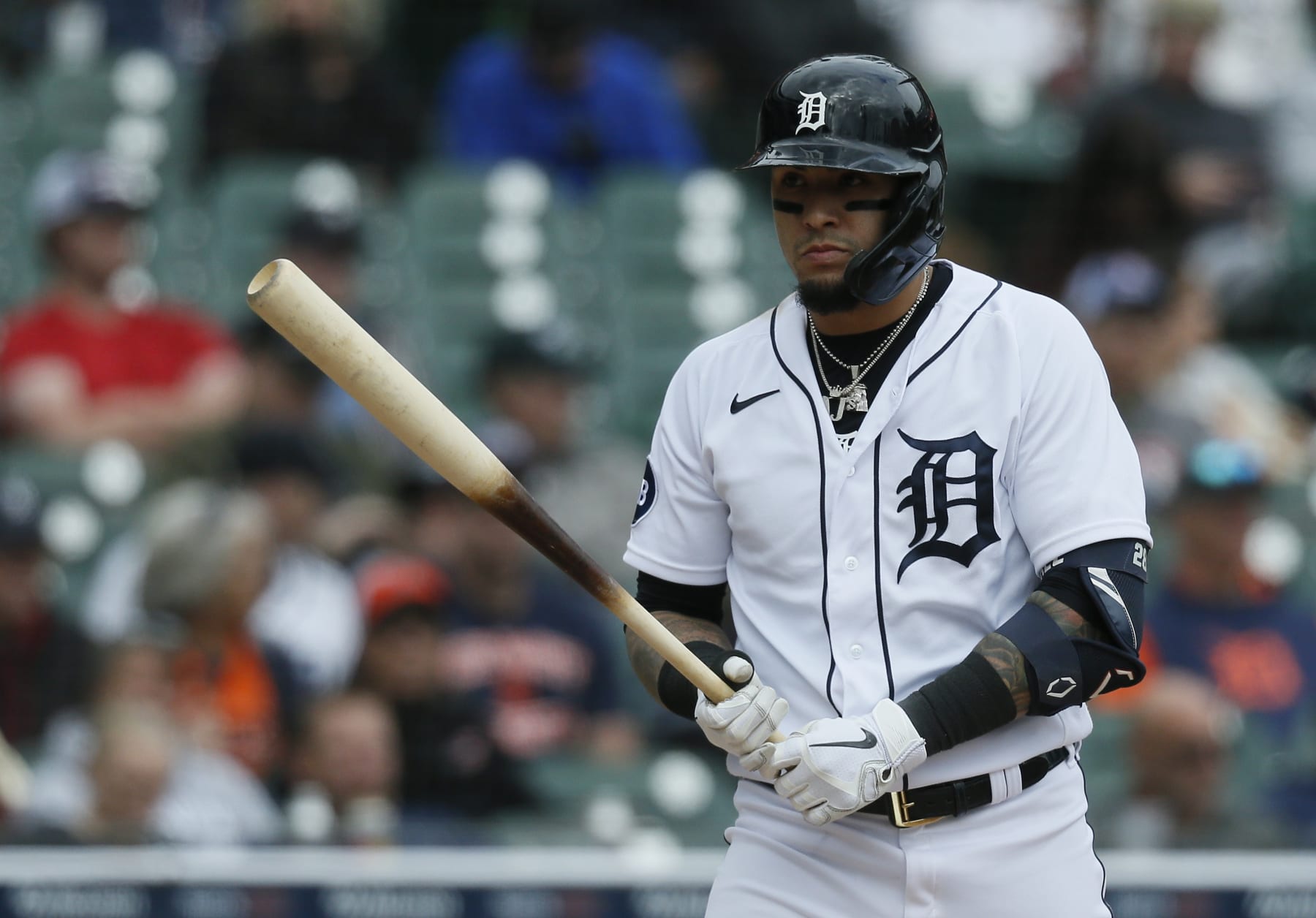 DETROIT, MI -  SEPTEMBER 29:  Javier Baez #28 of the Detroit Tigers during an at-bat against the Kansas City Royals at Comerica Park on September 29, 2022, in Detroit, Michigan. (Photo by Duane Burleson/Getty Images)