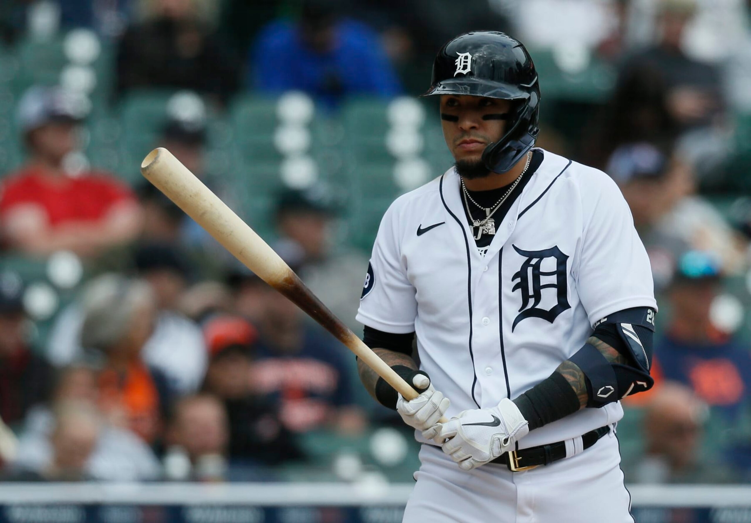 DETROIT, MI -  SEPTEMBER 29:  Javier Baez #28 of the Detroit Tigers during an at-bat against the Kansas City Royals at Comerica Park on September 29, 2022, in Detroit, Michigan. (Photo by Duane Burleson/Getty Images)
