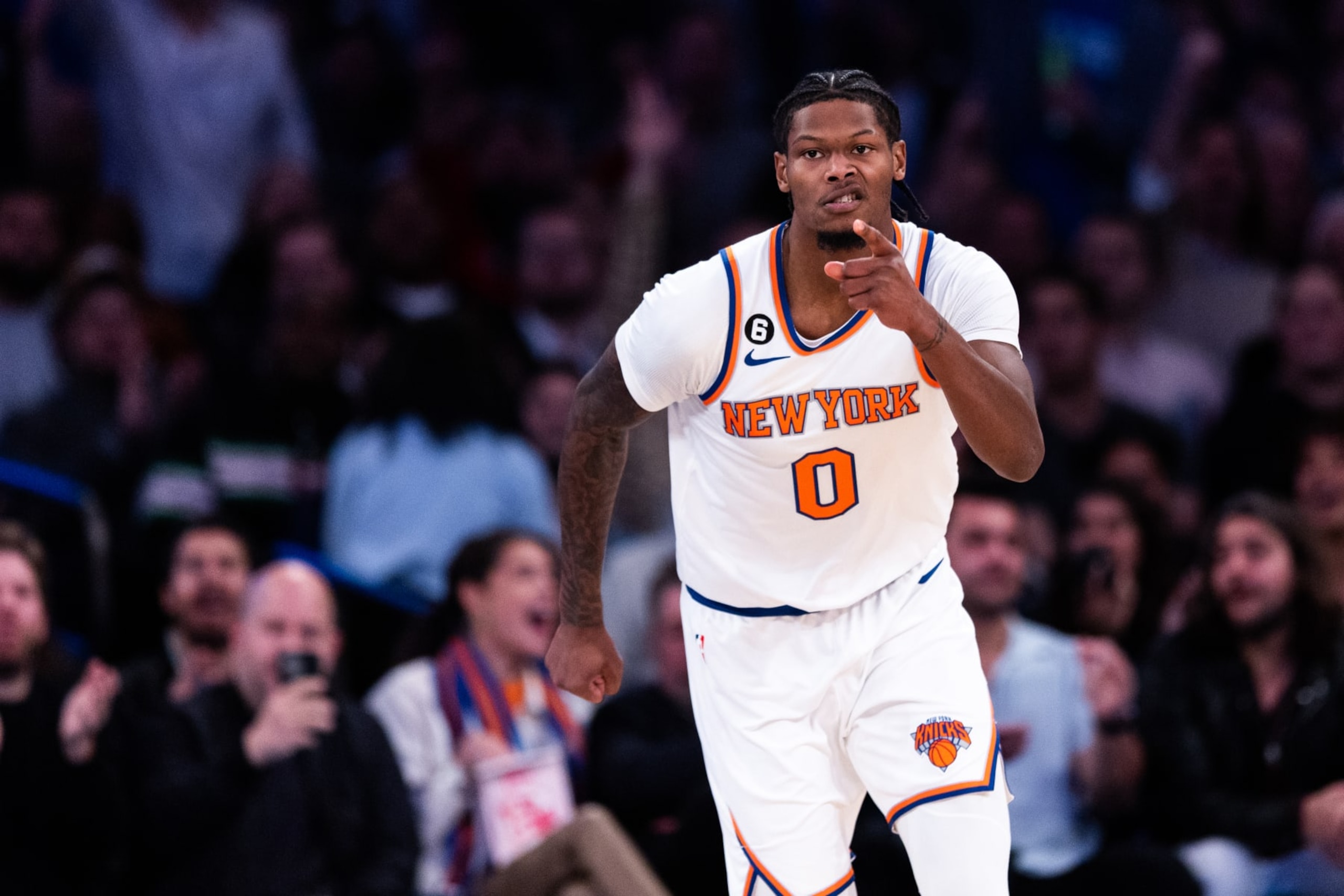NEW YORK, NEW YORK - OCTOBER 24: Cam Reddish #0 of the New York Knicks reacts after making a basket during the first quarter of the game against the Orlando Magic at Madison Square Garden on October 24, 2022 in New York City. NOTE TO USER: User expressly acknowledges and agrees that,  by downloading and or using this photograph,  User is consenting to the terms and conditions of the Getty Images License Agreement. (Photo by Dustin Satloff/Getty Images)