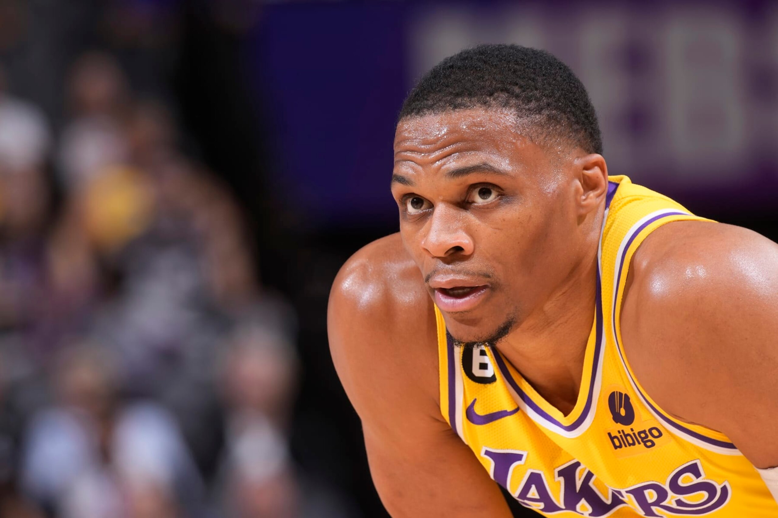 SACRAMENTO, CA - OCTOBER 14: Russell Westbrook #0 of the Los Angeles Lakers looks on during the game against the Sacramento Kings on October 14, 2022 at Golden 1 Center in Sacramento, California. NOTE TO USER: User expressly acknowledges and agrees that, by downloading and or using this photograph, User is consenting to the terms and conditions of the Getty Images Agreement. Mandatory Copyright Notice: Copyright 2022 NBAE (Photo by Rocky Widner/NBAE via Getty Images) SACRAMENTO, CA - OCTOBER 14: Russell Westbrook #0 of the Los Angeles Lakers looks on during the game against the Sacramento Kings on October 14, 2022 at Golden 1 Center in Sacramento, California. NOTE TO USER: User expressly acknowledges and agrees that, by downloading and or using this photograph, User is consenting to the terms and conditions of the Getty Images Agreement. Mandatory Copyright Notice: Copyright 2022 NBAE (Photo by Rocky Widner/NBAE via Getty Images)