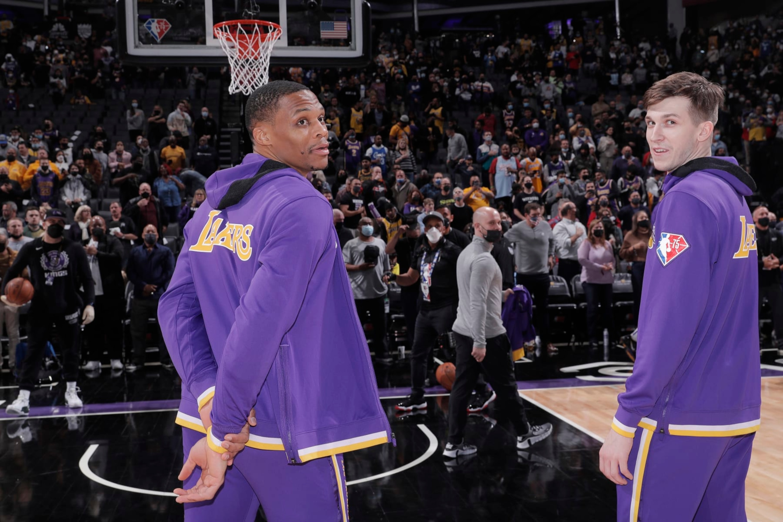 SACRAMENTO, CA - JANUARY 12: Russell Westbrook #0 and Austin Reaves #15 of the Los Angeles Lakers face the Sacramento Kings on January 12, 2022 at Golden 1 Center in Sacramento, California. NOTE TO USER: User expressly acknowledges and agrees that, by downloading and or using this photograph, User is consenting to the terms and conditions of the Getty Images Agreement. Mandatory Copyright Notice: Copyright 2022 NBAE (Photo by Rocky Widner/NBAE via Getty Images)