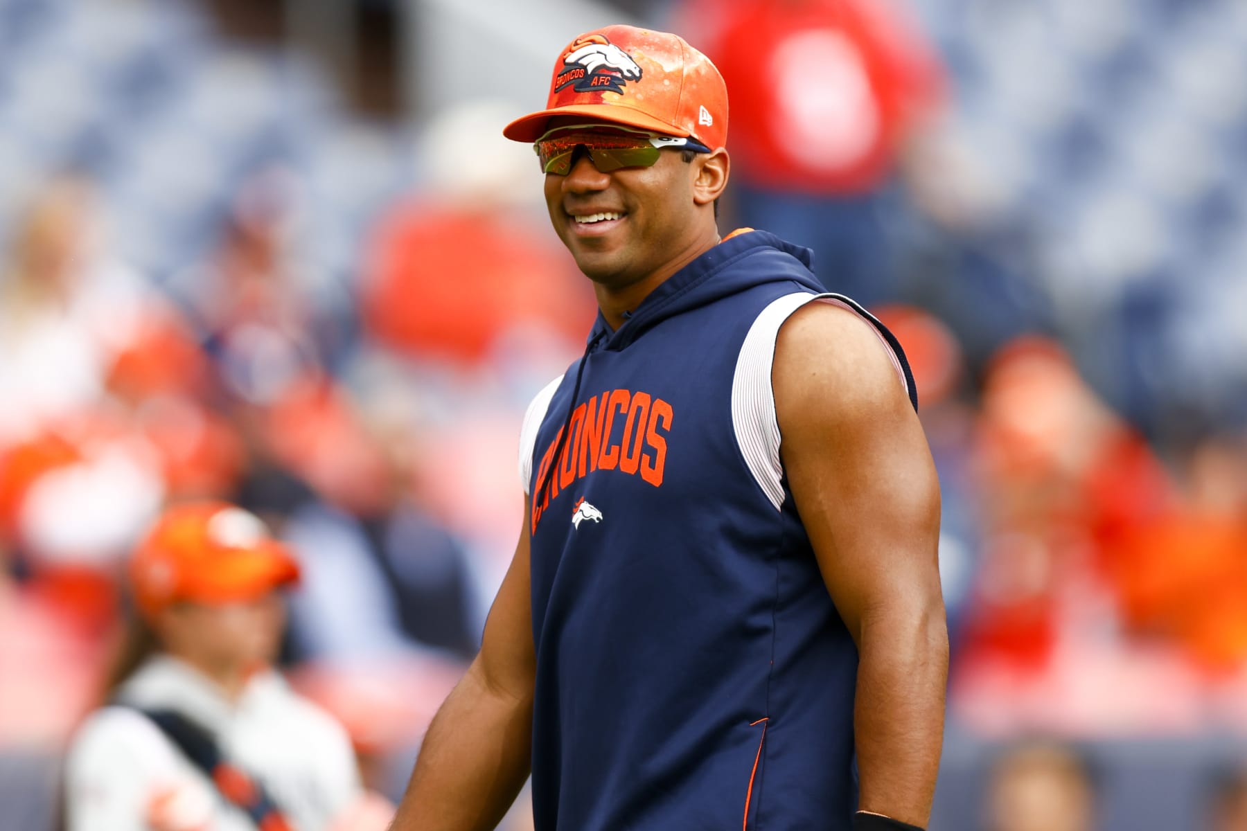 DENVER, COLORADO - OCTOBER 23: Russell Wilson #3 of the Denver Broncos smiles during warmups before the game against the New York Jets at Empower Field At Mile High on October 23, 2022 in Denver, Colorado. (Photo by Justin Edmonds/Getty Images)