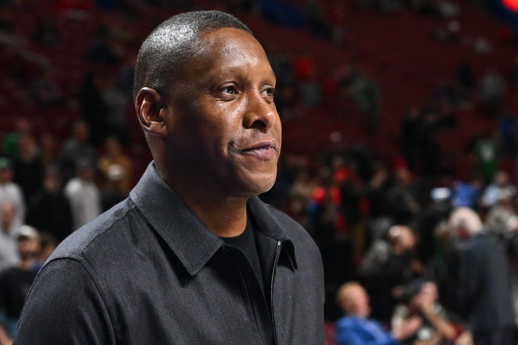 MONTREAL, CANADA - OCTOBER 14:  Vice-Chairman and team president of the Toronto Raptors, Masai Ujiri, walks onto the court prior to the preseason NBA game against the Boston Celtics at Centre Bell on October 14, 2022 in Montreal, Quebec, Canada.  The Toronto Raptors defeated the Boston Celtics 137-134 in overtime.  NOTE TO USER: User expressly acknowledges and agrees that, by downloading and or using this photograph, User is consenting to the terms and conditions of the Getty Images License Agreement.  (Photo by Minas Panagiotakis/Getty Images)