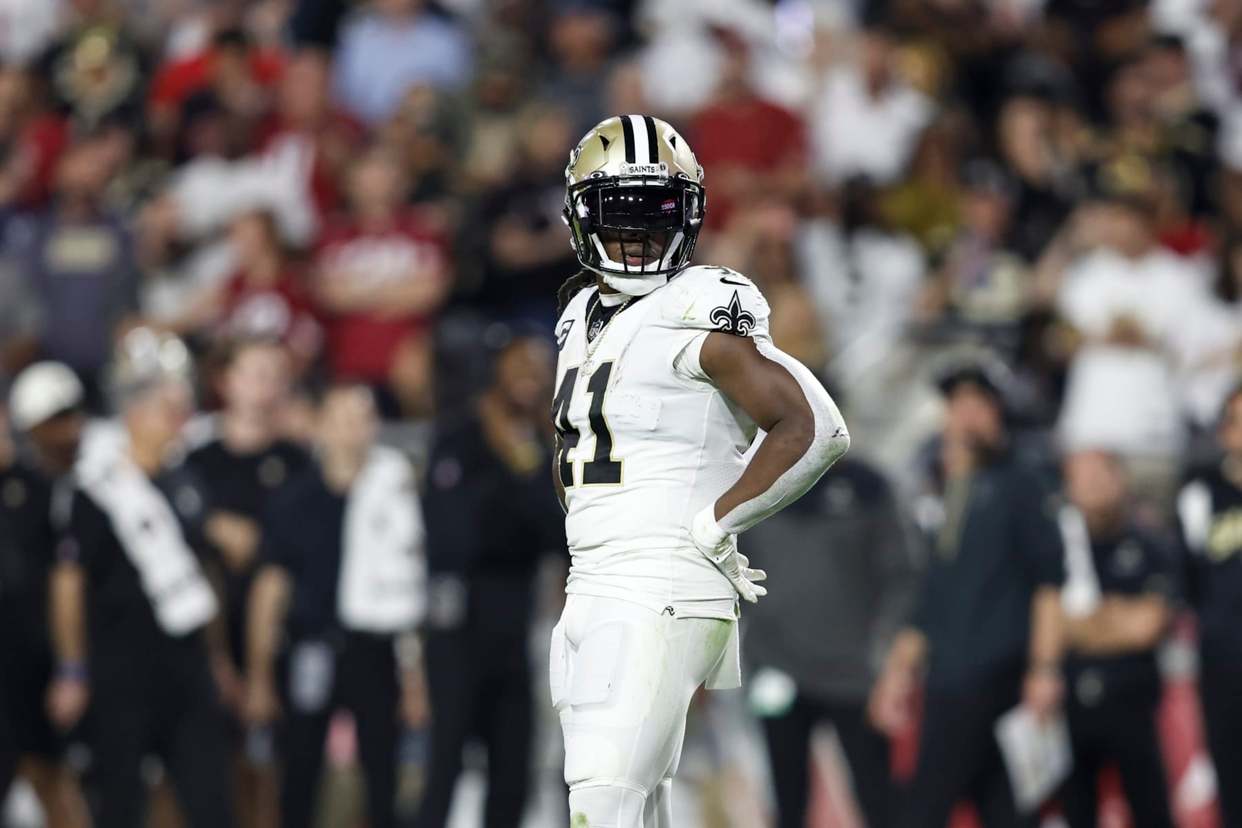 GLENDALE, ARIZONA - OCTOBER 20: Alvin Kamara #41 of the New Orleans Saints looks on during an NFL football game between the Arizona Cardinals and the New Orleans Saints at State Farm Stadium on October 20, 2022 in Glendale, Arizona. (Photo by Michael Owens/Getty Images)
