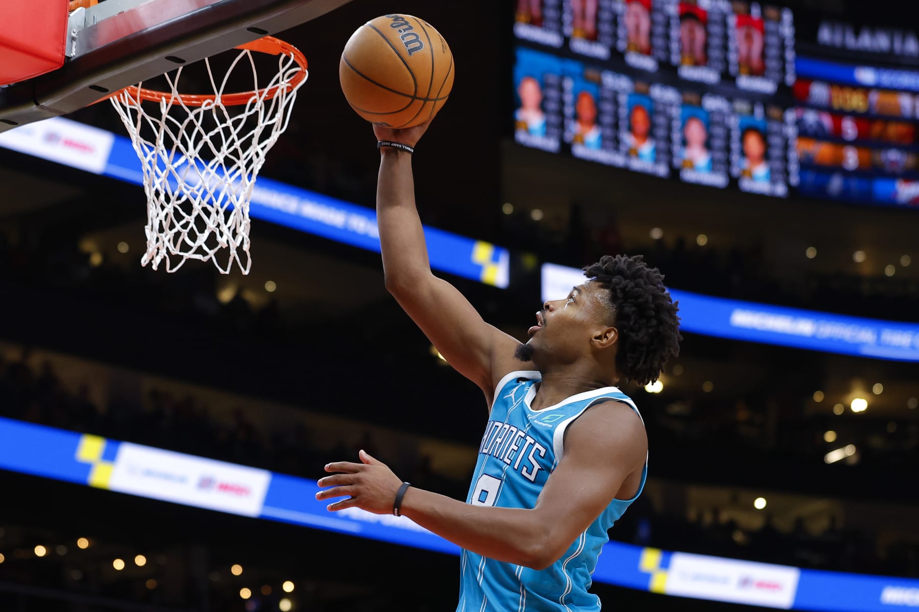 ATLANTA, GA - OCTOBER 23: Dennis Smith Jr. #8 of the Charlotte Hornets goes up for a shot during the second half against the Atlanta Hawks at State Farm Arena on October 23, 2022 in Atlanta, Georgia. NOTE TO USER: User expressly acknowledges and agrees that, by downloading and or using this photograph, User is consenting to the terms and conditions of the Getty Images License Agreement. (Photo by Todd Kirkland/Getty Images)