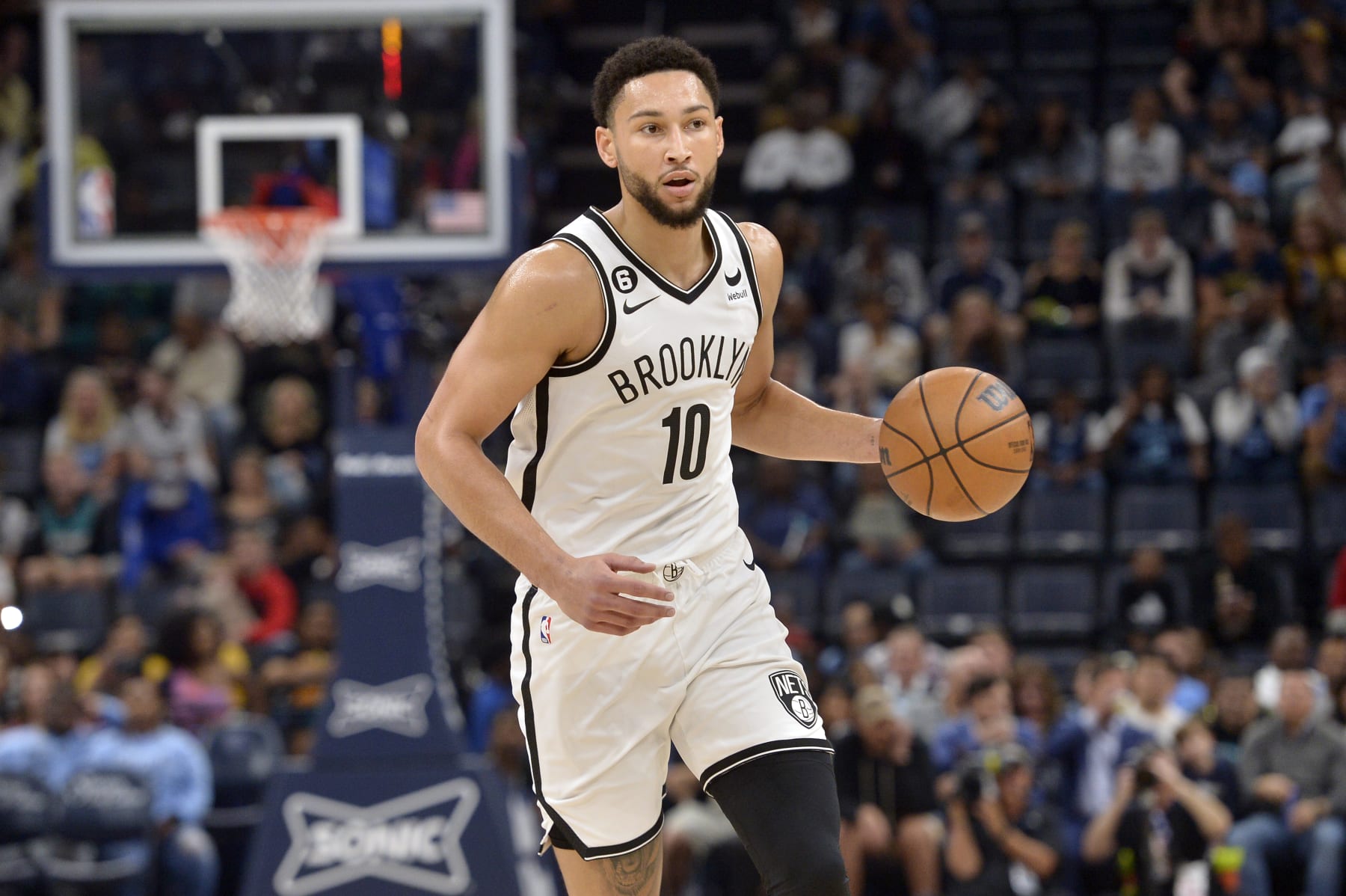 Brooklyn Nets guard Ben Simmons (10) handles the ball in the first half of an NBA basketball game against the Memphis Grizzlies Monday, Oct. 24, 2022, in Memphis, Tenn. (AP Photo/Brandon Dill)