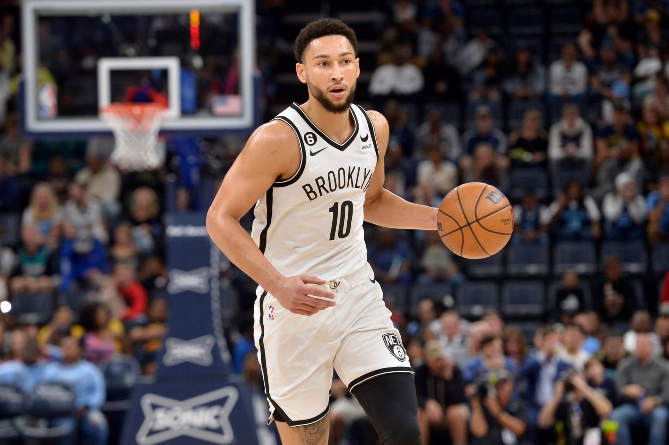 Brooklyn Nets guard Ben Simmons (10) handles the ball in the first half of an NBA basketball game against the Memphis Grizzlies Monday, Oct. 24, 2022, in Memphis, Tenn. (AP Photo/Brandon Dill)