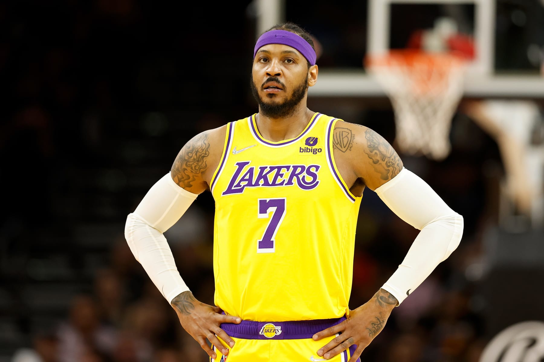 PHOENIX, ARIZONA - APRIL 05: Carmelo Anthony #7 of the Los Angeles Lakers during the first half of the NBA game at Footprint Center on April 05, 2022 in Phoenix, Arizona.  NOTE TO USER: User expressly acknowledges and agrees that, 
by downloading and or using this photograph, User is consenting to the terms and conditions of the Getty Images License Agreement. (Photo by Christian Petersen/Getty Images)