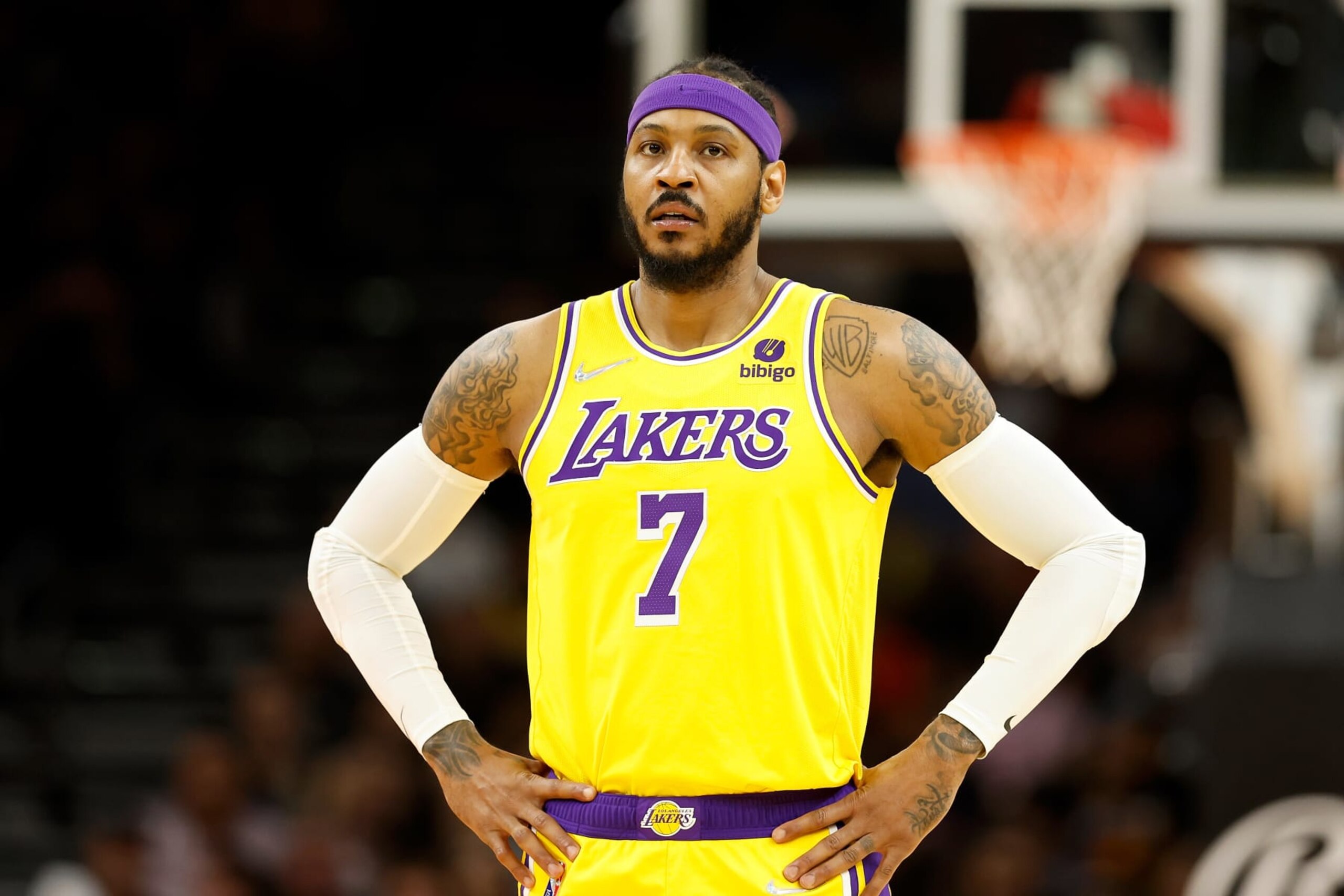 PHOENIX, ARIZONA - APRIL 05: Carmelo Anthony #7 of the Los Angeles Lakers during the first half of the NBA game at Footprint Center on April 05, 2022 in Phoenix, Arizona. NOTE TO USER: User expressly acknowledges and agrees that,
by downloading and or using this photograph, User is consenting to the terms and conditions of the Getty Images License Agreement. (Photo by Christian Petersen/Getty Images) PHOENIX, ARIZONA - APRIL 05: Carmelo Anthony #7 of the Los Angeles Lakers during the first half of the NBA game at Footprint Center on April 05, 2022 in Phoenix, Arizona. NOTE TO USER: User expressly acknowledges and agrees that,
by downloading and or using this photograph, User is consenting to the terms and conditions of the Getty Images License Agreement. (Photo by Christian Petersen/Getty Images)