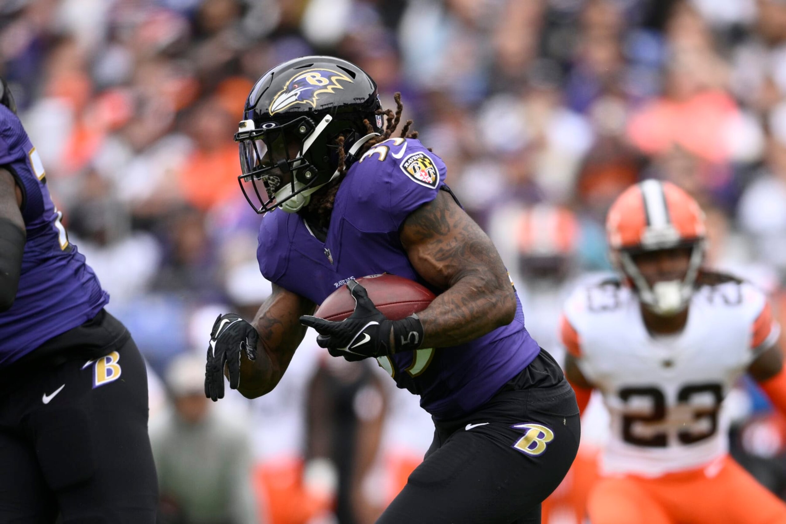 Baltimore Ravens running back Gus Edwards (35) in action during the first half of an NFL football game against the Cleveland Browns, Sunday, Oct. 23, 2022, in Baltimore. (AP Photo/Nick Wass)