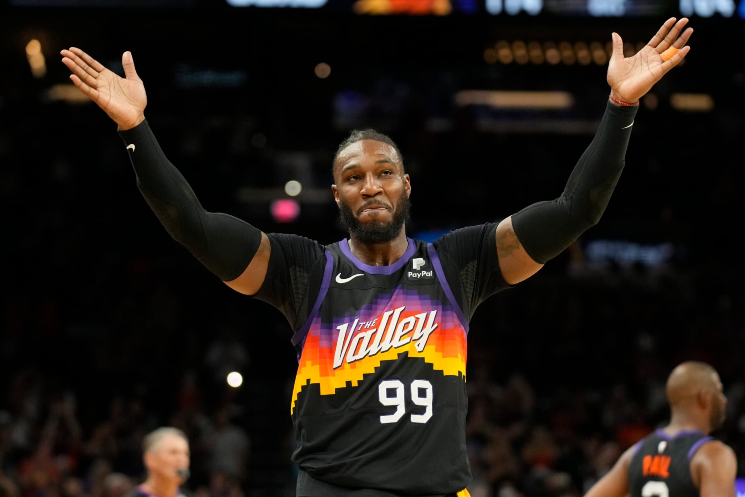 Phoenix Suns forward Jae Crowder (99) during the first half of an NBA basketball game against the Philadelphia 76ers, Sunday, March 27, 2022, in Phoenix. (AP Photo/Rick Scuteri)
