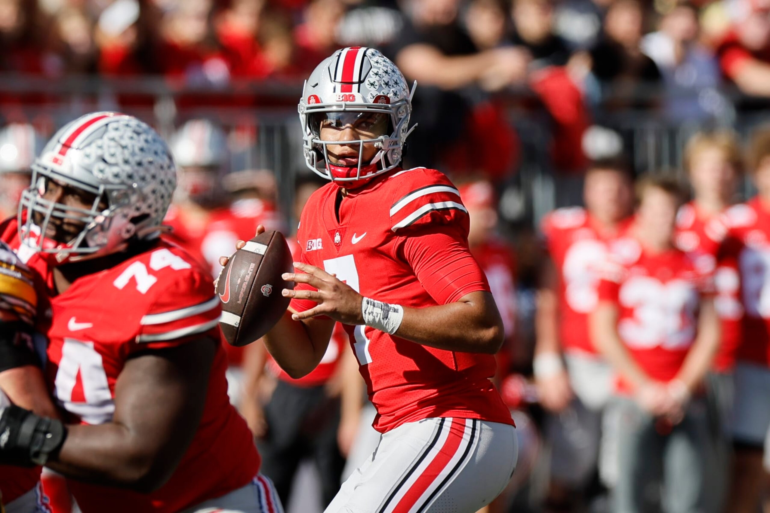 Ohio State quarterback C.J. Stroud plays against Iowa during an NCAA college football game Saturday, Oct. 22, 2022, in Columbus, Ohio. (AP Photo/Jay LaPrete)